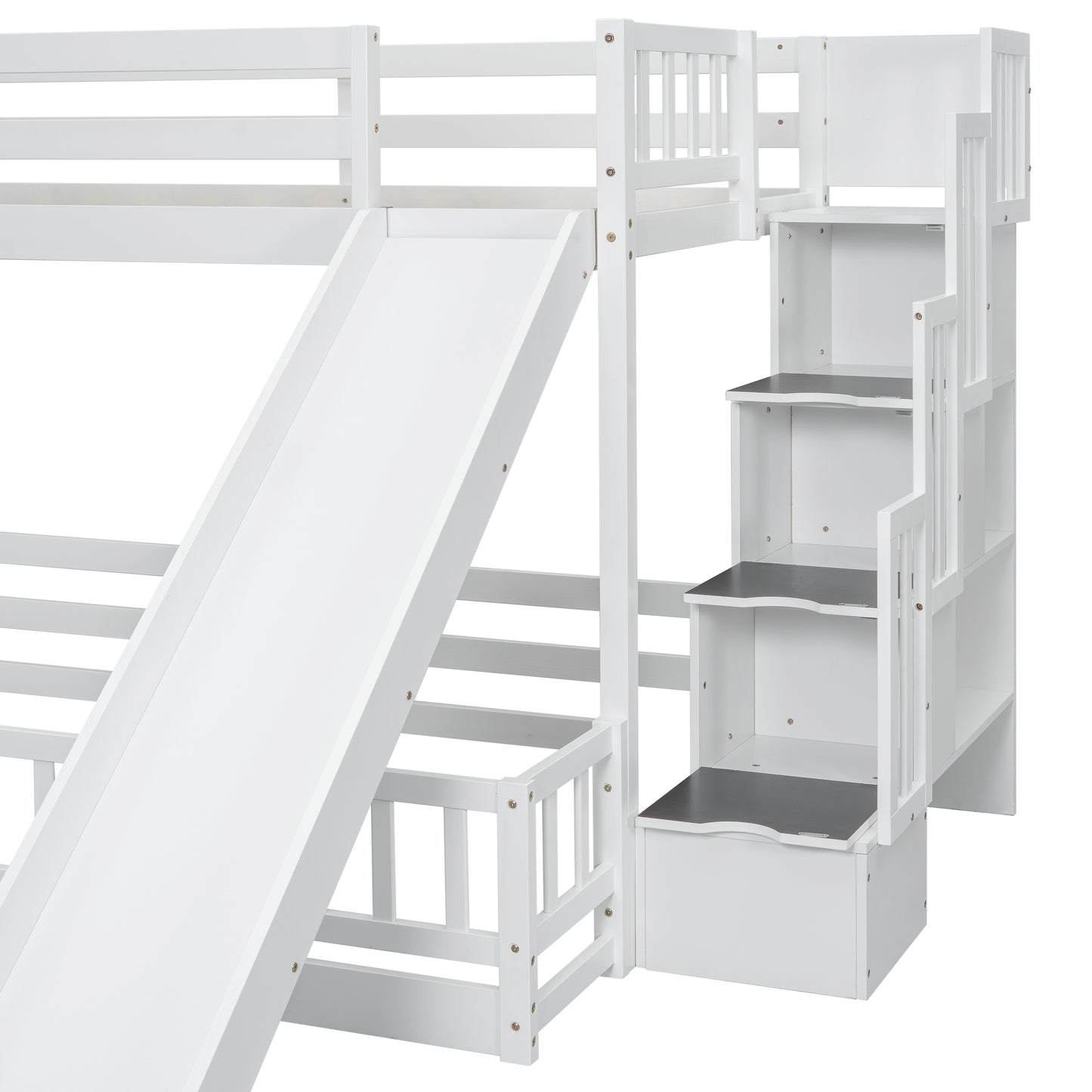 Twin Over Full Bunk Bed with Slide, Storage Staircase, Pine Solid Wooden Bunk Bed with Safety Guardrails,White