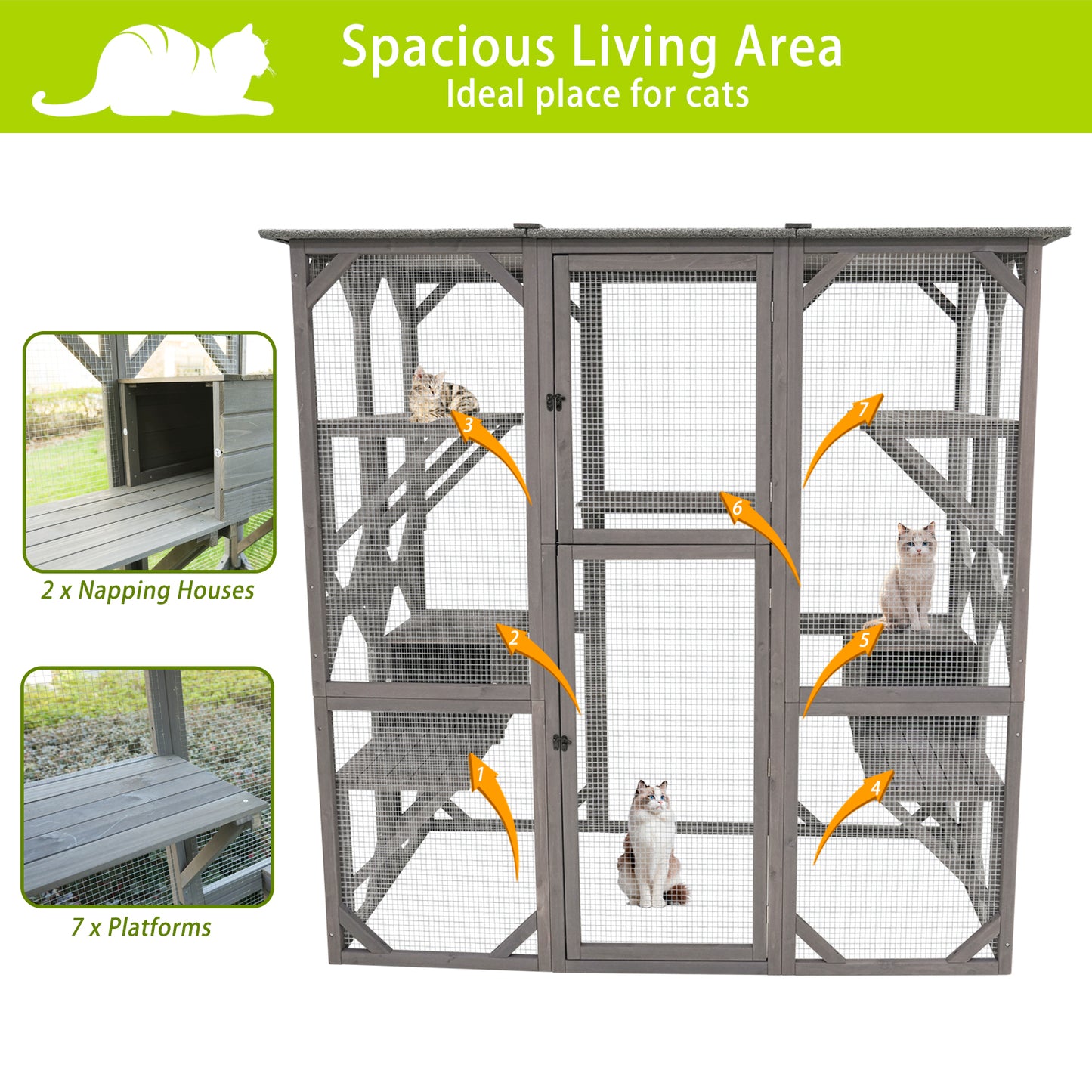 Catio Outdoor Cat Enclosure Cat Catio Cat House, Cat Cage Condo Indoor Playpen Kitty House Shelter with Multi Platforms, Waterproof Roof, Pull-Out Tray (71.3" L x 38.4" W x 70.7" H)