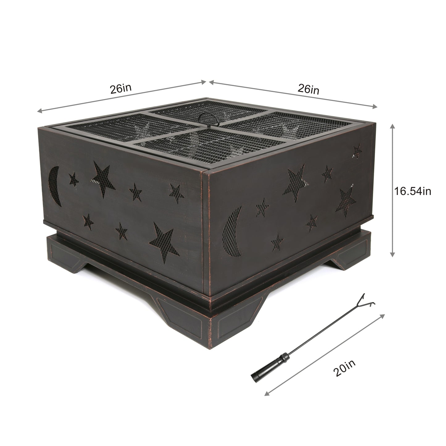 26 Inch Square Fire Pit with BBQ Grill, Outdoor Wood Burning Firepit with Poker, Large Burning Space Fireplace for Patio Garden Camping Backyard Picnic Bonfire