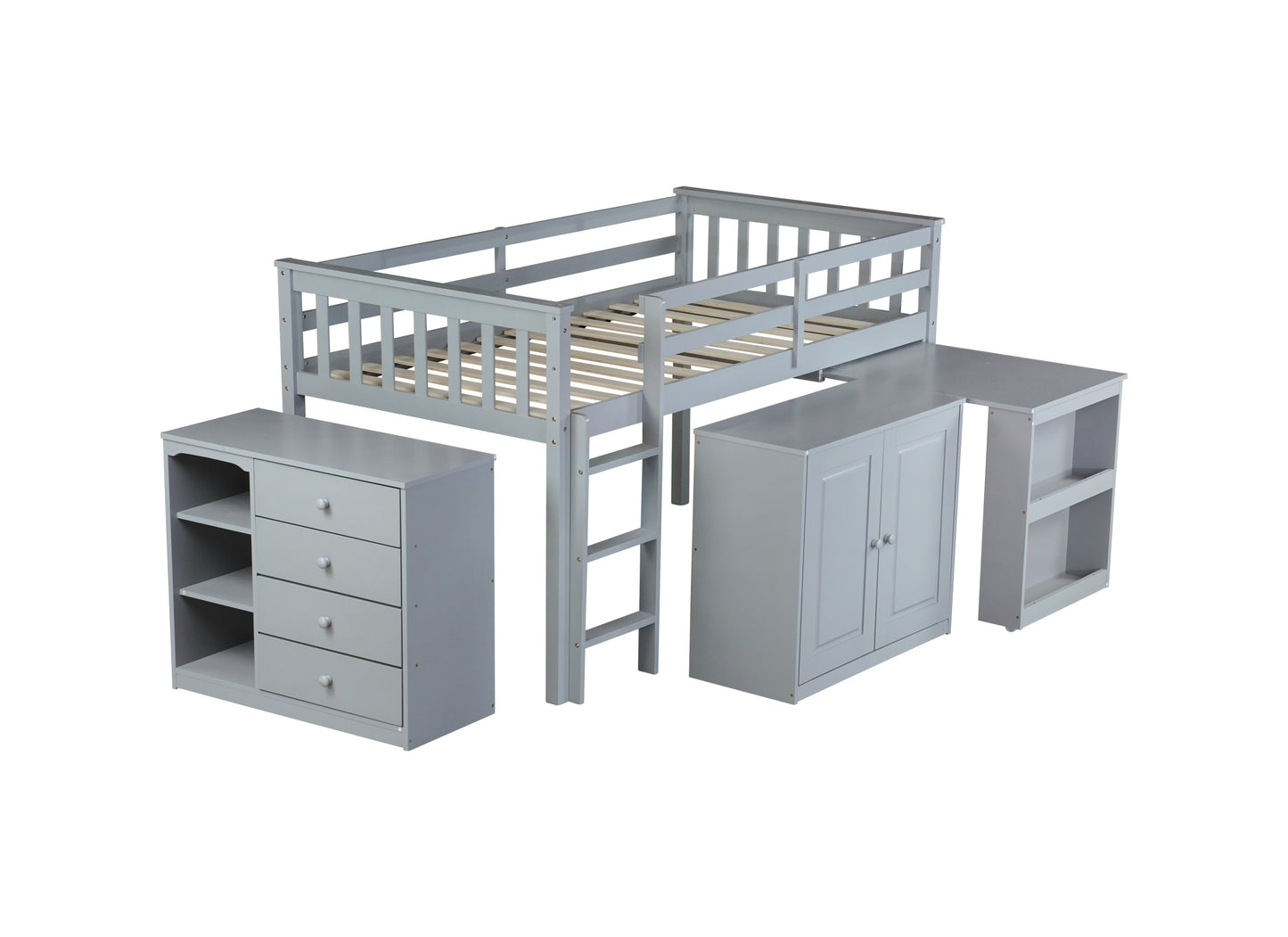 Twin Loft Bed with Storage Cabinet, Drawer and Shelf Cabinet and Pulling-Out Desk, Rubber Wood Loft Bed with Safety Guardrail, Ladder,Grey