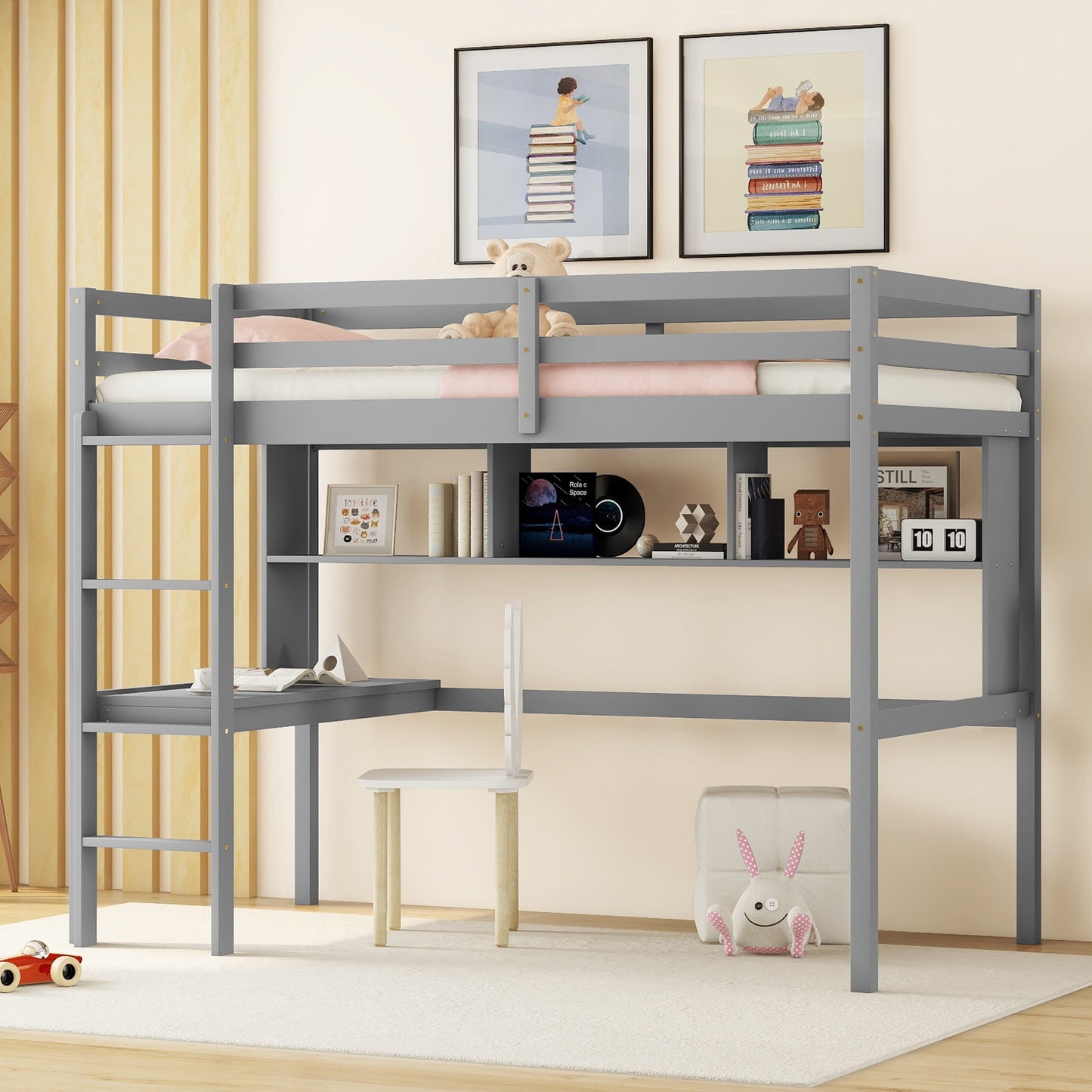 [SantaChoice] Twin Size Loft Bed with desk and shelves, Safety Guardrail and ladder,Grey