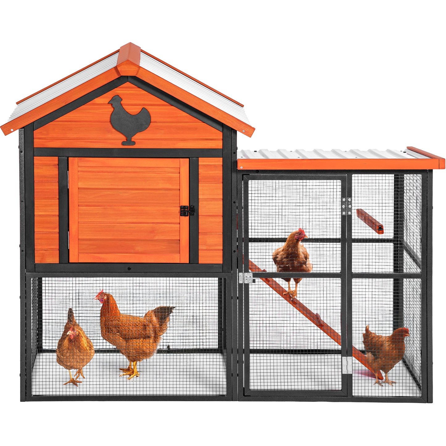 Durable Wood and Iron Chicken Coop with Runway and Waterproof Roof, Suitable for 5-7 Chickens, Built-in Nesting Box