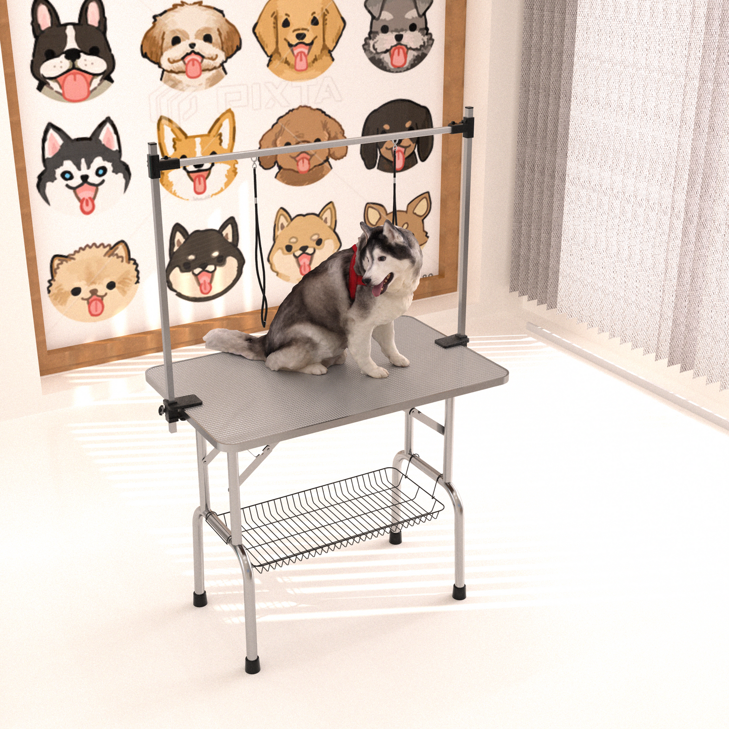 42" Folding Dog Pet Grooming Table Stainless Steel Frame Rubber Mat on Board with Adjustable Arm and Clamps pet dog Cat Grooming Table (SILVER-GRAY COLOR)