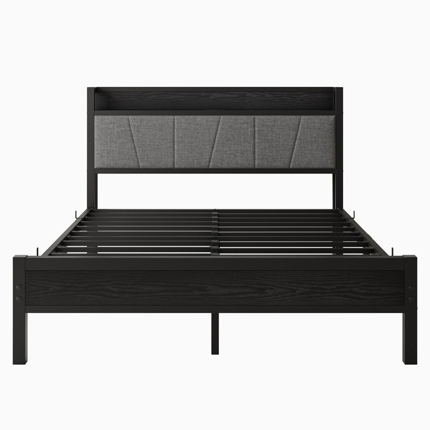 Queen Size Bed Frame, Storage Headboard with Charging Station, Solid and Stable, Noise Free, No Box Spring Needed, Easy Assembly