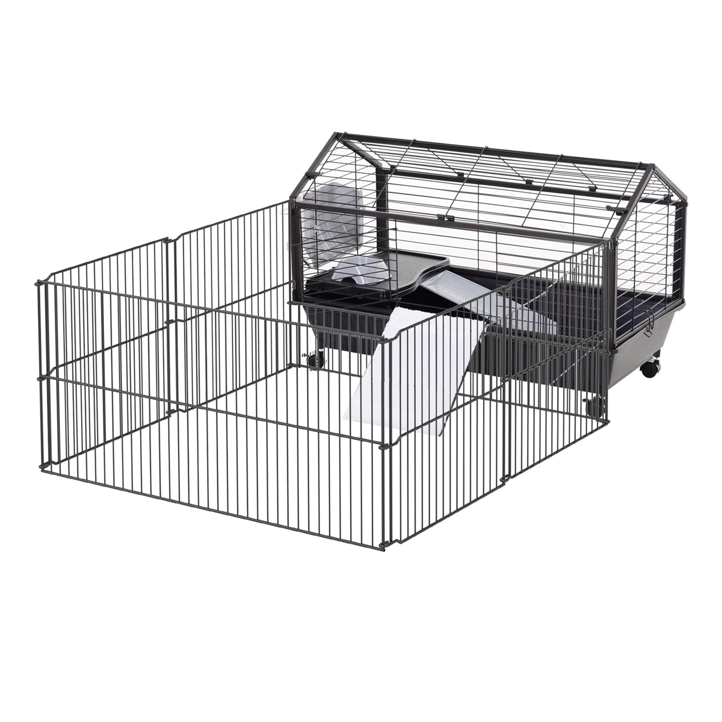 Small Animal Playpen Cage w/ Rolling Caster, Water Bottle, 35" L