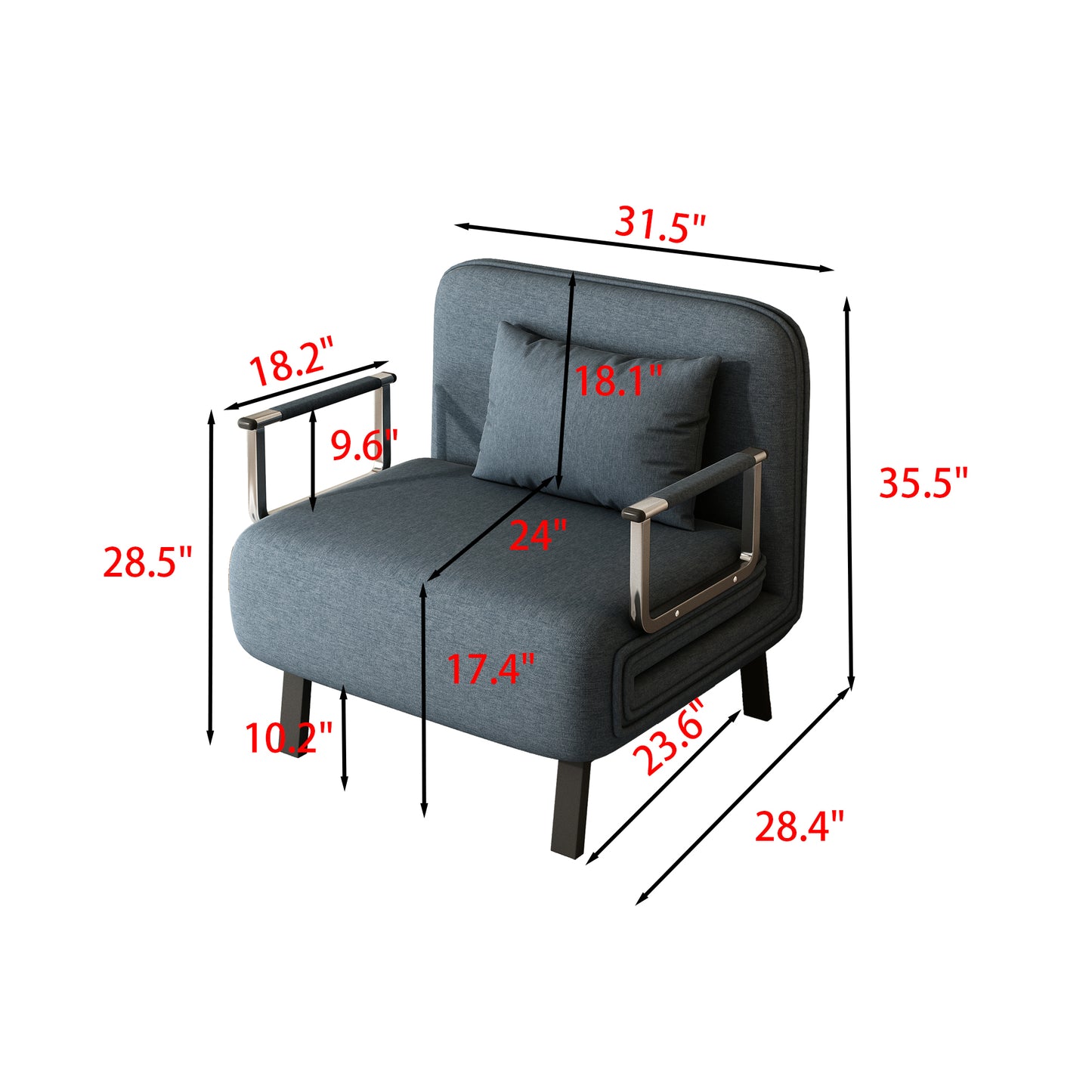 [SantaChoice] 31.5″ Convertible Chair Bed, Tri-Fold Sofa Bed with Adjustable Backrest & Pillow, Leisure Chaise Lounge Couch with Sturdy Steel Frame for Home & Office, Comfortable Sleeper Chair