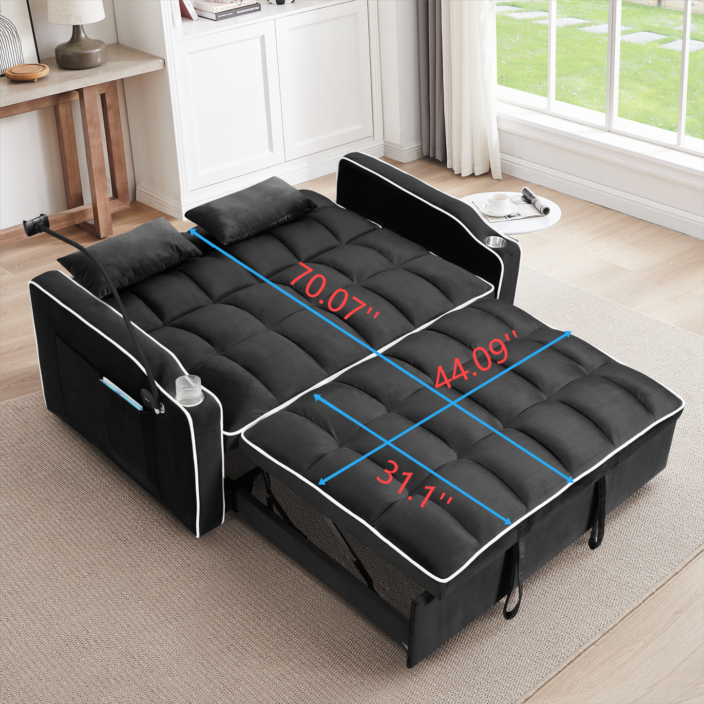 Multi-functional pullout sofa bed, 3 lengths, modern sofa sofa velvet pull-out bed, adjustable back, with USB port, ashtray and swivel phone stand( black)