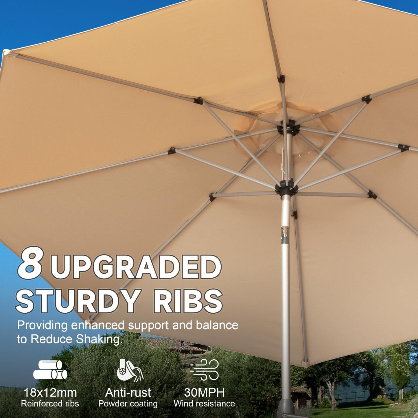 9FT Patio Umbrella, Outdoor Table Umbrella with Push Button Tilt and Crank, UV Protection Waterproof Market Sun Umbrella with 8 Sturdy Ribs for Garden, Deck, Backyard, Pool (Beige)