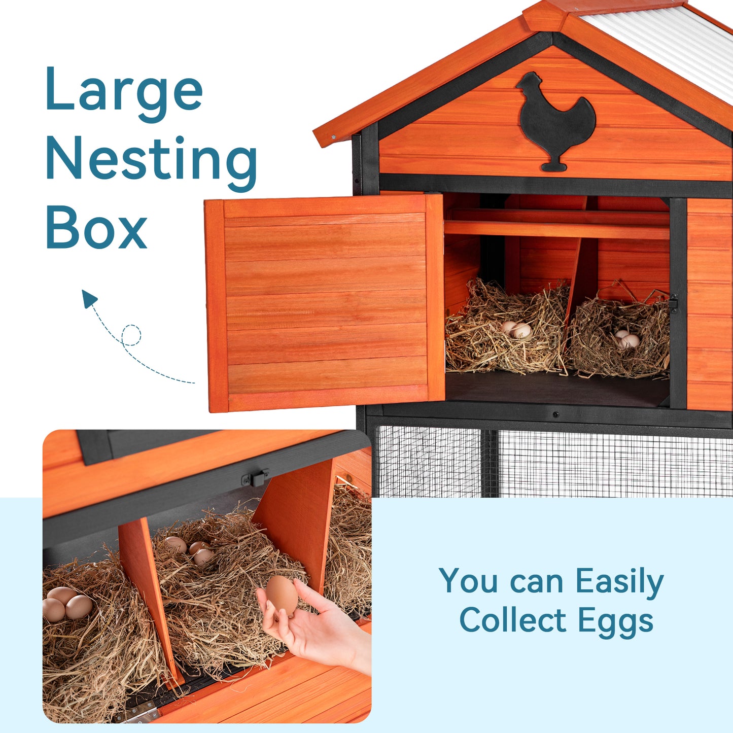 Durable Wood and Iron Chicken Coop with Runway and Waterproof Roof, Suitable for 5-7 Chickens, Built-in Nesting Box