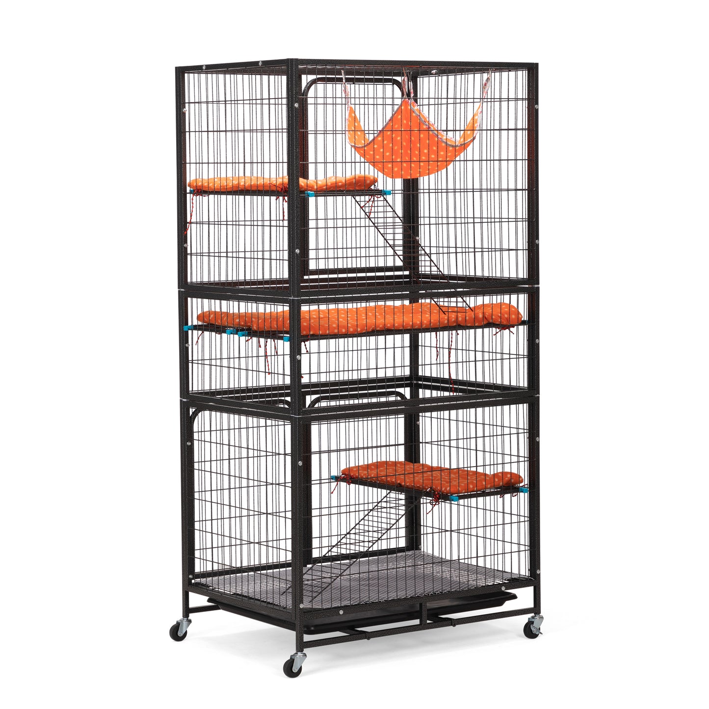 4-Story Pet Cage, Bunny Hutch with Ladder, Lockable Wheels and Removable Tray, Black and Orange