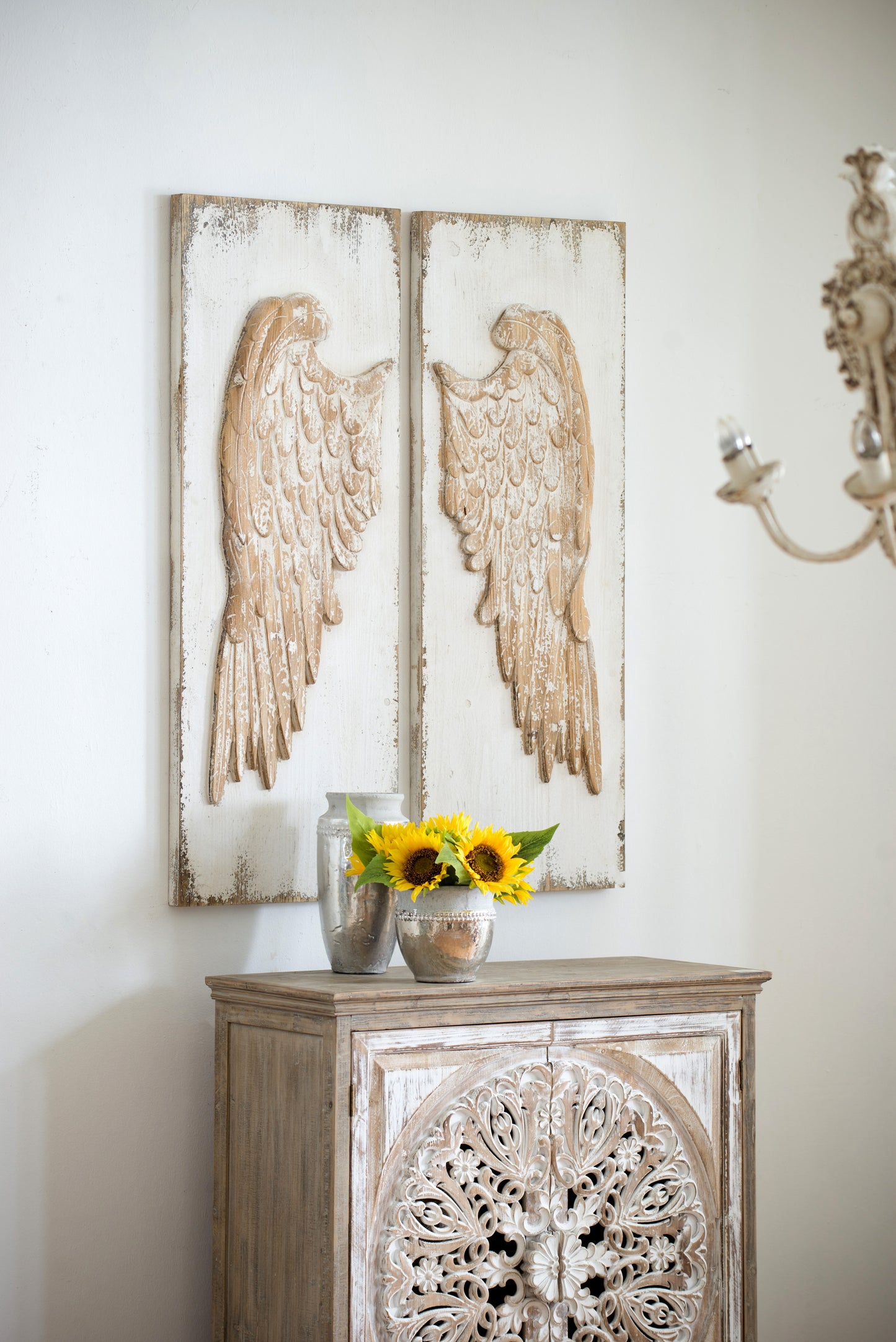 Set of 2 Feather Wing Wall Panels with Distressed White Finish, Rectangle Hanging Wall Art, 42" x 15.5"