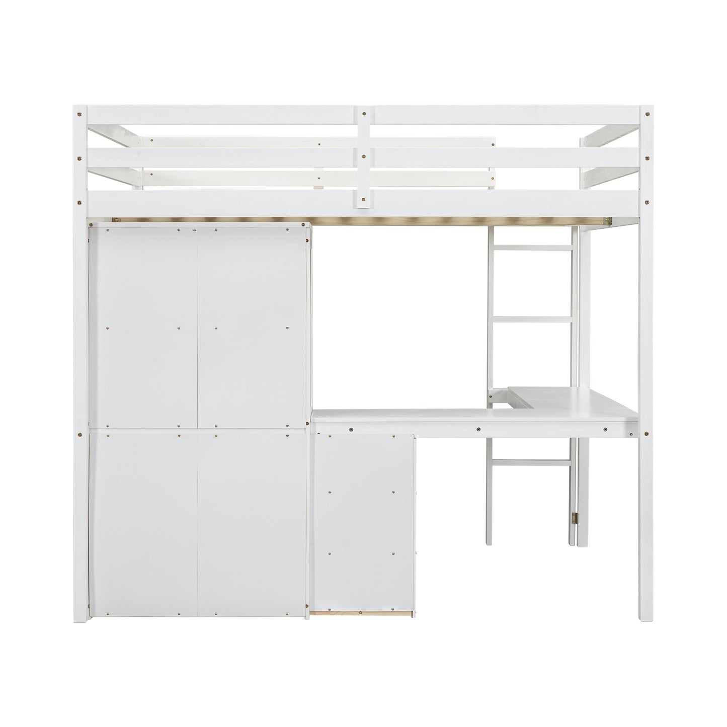 Full Size Loft Wood Bed with Desk, Storage shelves and Drawers, Built-in Ladder, High Loft Bed with Desk, Storage Shelves and Drawers,Guardrails,White