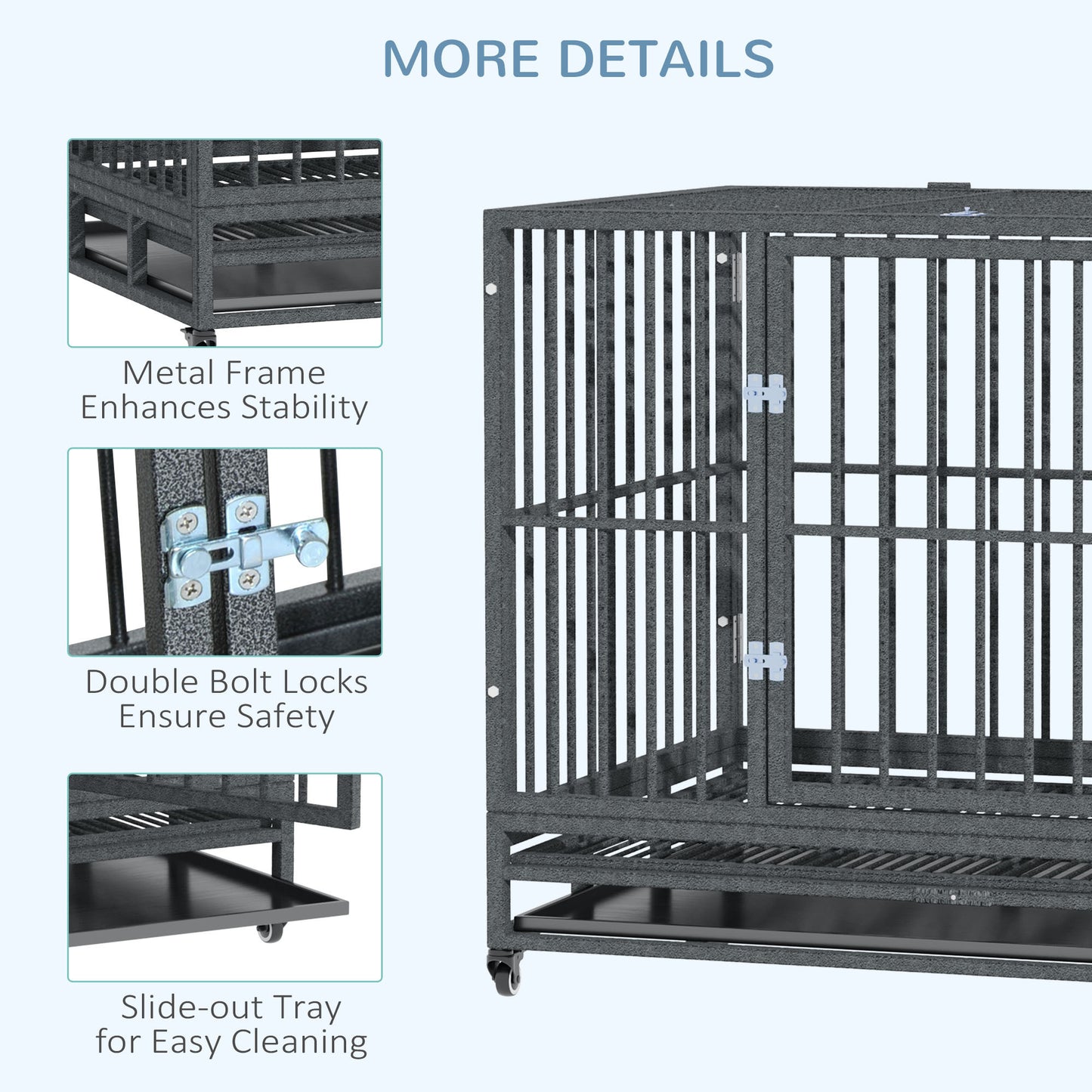 PawHut 43" Heavy Duty Dog Crate Metal Cage Kennel with Lockable Wheels, Double Door and Removable Tray, Grey