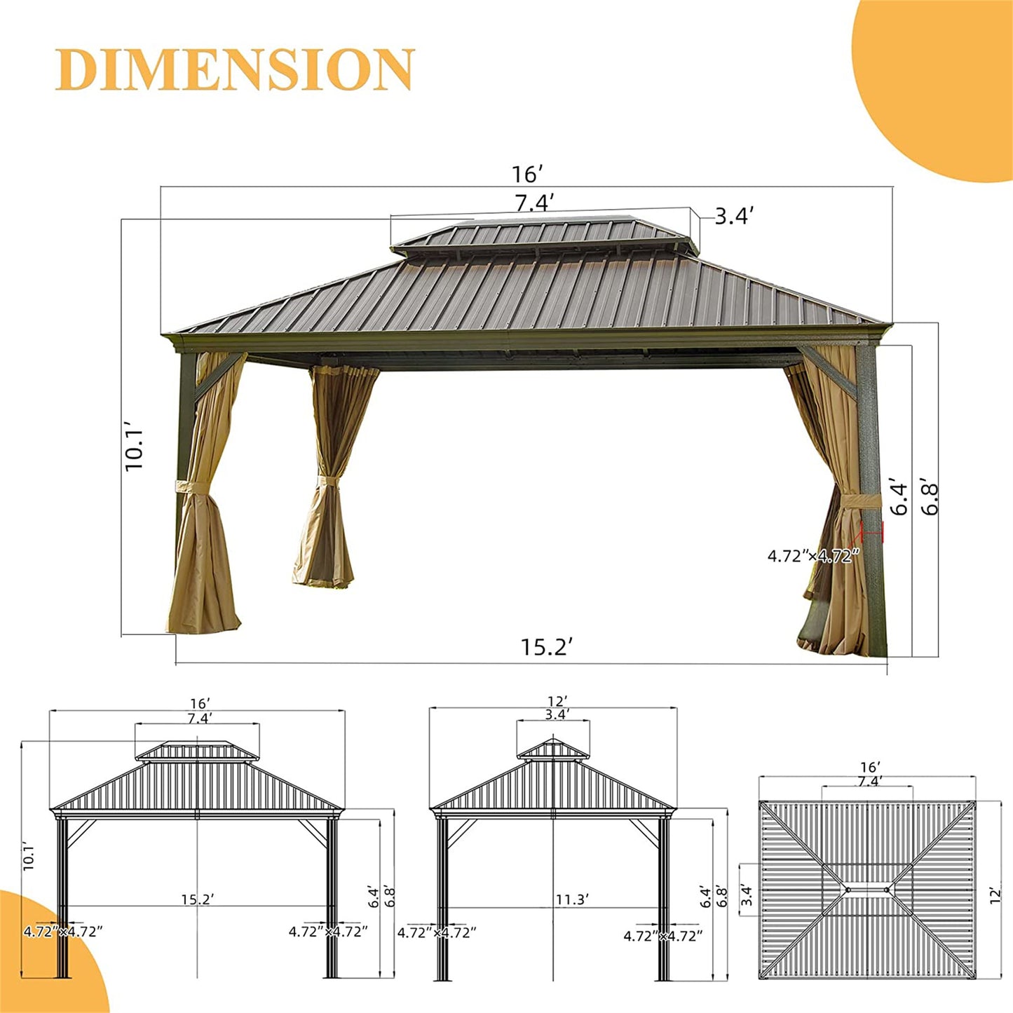 Hardtop Gazebo Outdoor Aluminum Gazebos Grill with Galvanized Steel Double Canopy for Patios Deck Backyard,Curtains&Netting