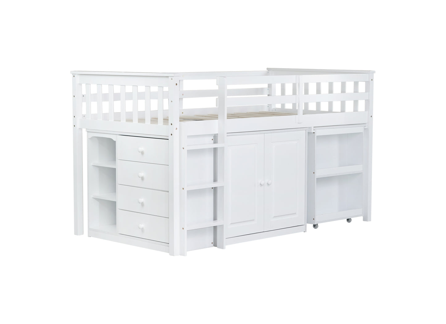 Twin Loft Bed with Storage Cabinet, Drawer and Shelf Cabinet and Pulling-Out Desk, Rubber Wood Loft Bed with Safety Guardrail, Ladder,White