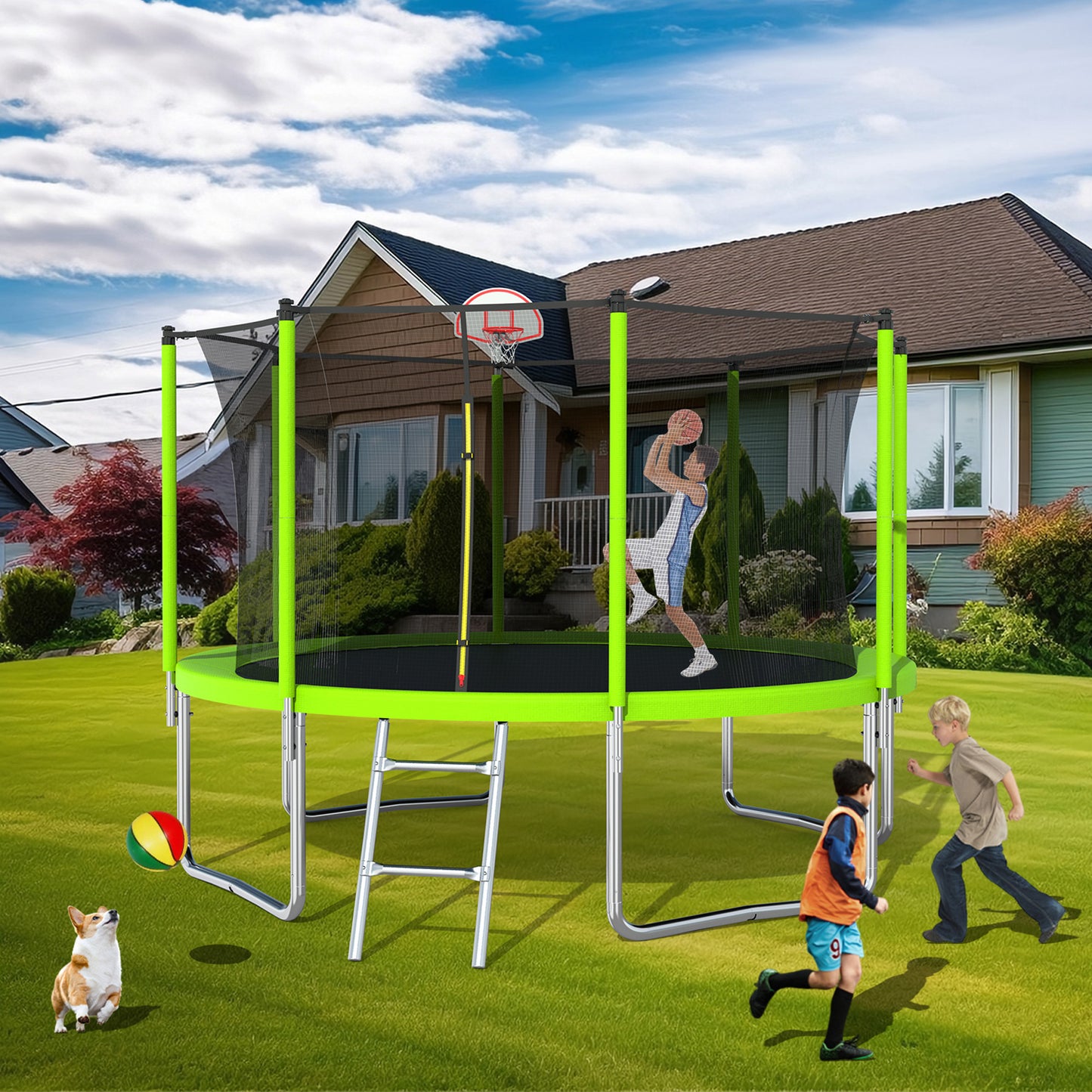 12FT Trampoline Green for Kids & Adults with Basketball Hoop and Ball ,Recreational Trampolines with Safety Enclosure for Back Yard Outdoor