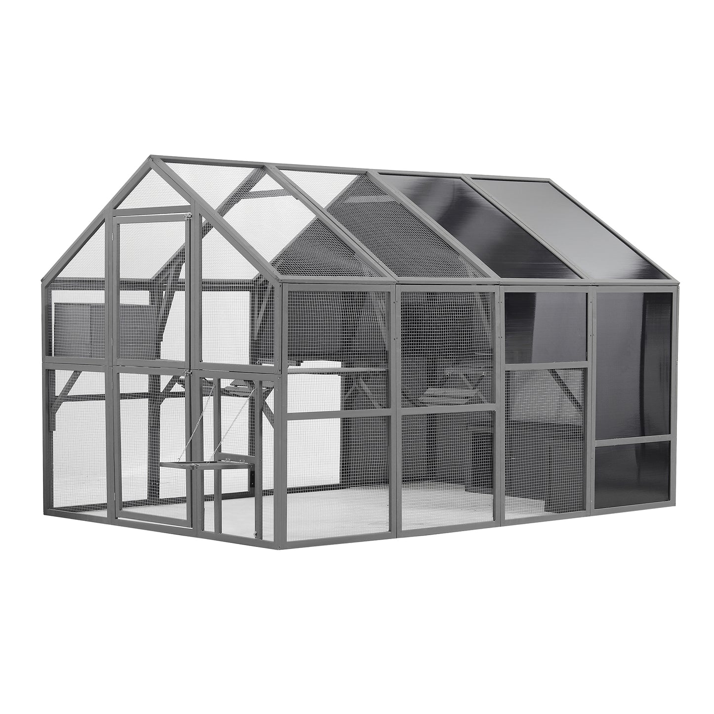 Luxury Cat Cage Outdoor Wooden Catio Enclosure Patio Large Cat Run House for Multiple Pets Walk in Kitten Kennel with Bouncy Bridge, Platforms, Small Houses, Seating and Sunshine Panel- 108.7'', Gray