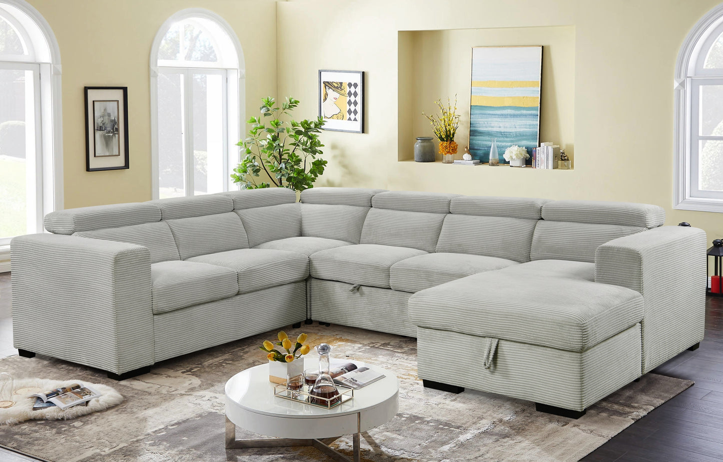 [SantaChoice] 123" Oversized Modern U-Shaped 7-seat Sectional Sofa Couch with Adjustable Headrest, Sofa Bed with Storage Chaise,Pull Out Couch Bed for Living Room ,Light Gray