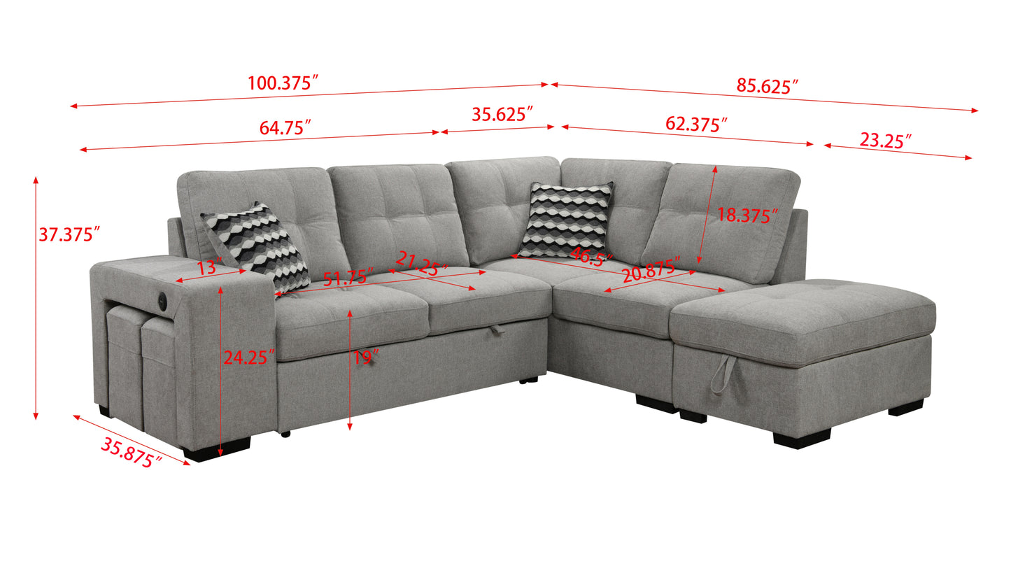 Sectional Pull Out Sofa Bed 101" Reversible L-Shaped Corner Sleeper Upholstered Couch with Storage Ottoman, 2 Pillows,USB Ports,2 Stools for Living Room Furniture Sets,Apartments, Light Gray