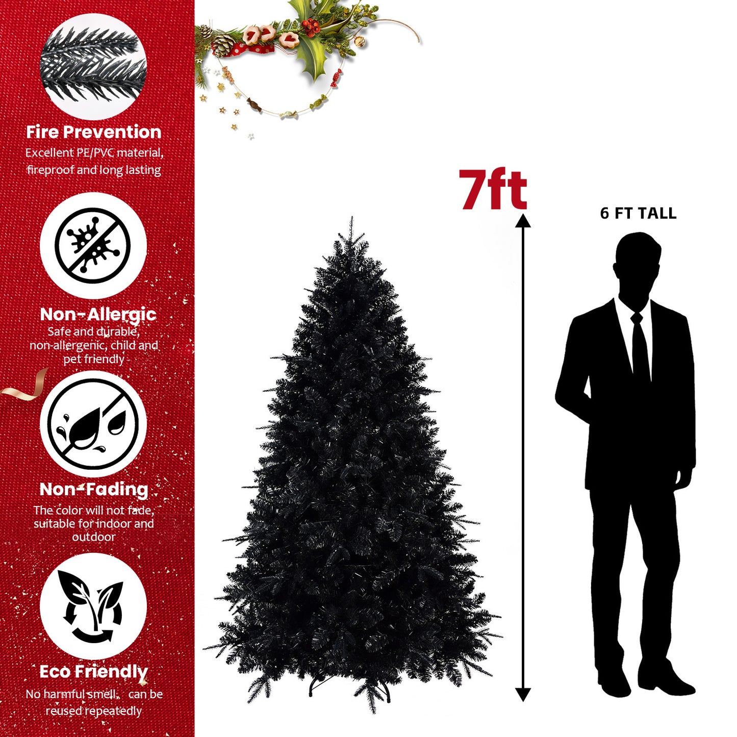 7.5ft Pre-Lit Black Christmas Tree, Full Halloween Xmas Artificial Tree 2156 Branch Tips, 500 Lights, Metal Hinges, Foldable Base, Holiday Decoration - Black