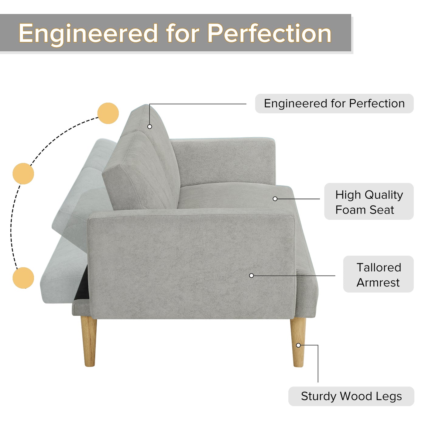 Multi-Functional Futon Sofa Bed :Tapered Wood Legs - Ideal for Small Living Rooms - Multi-Color Fabric Options - Easily Converts to Single Bed,Grey