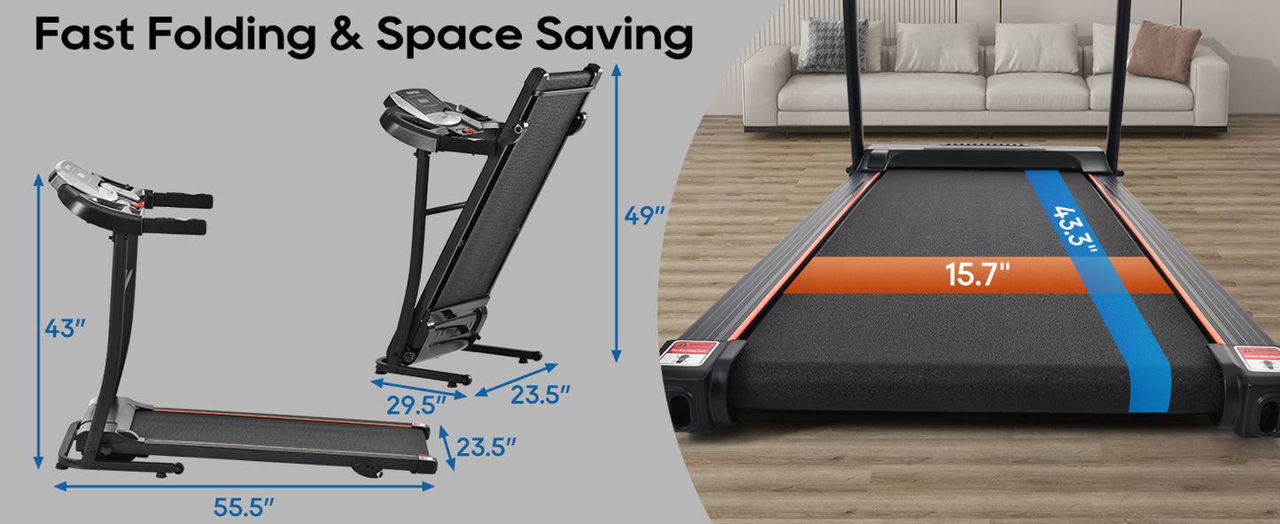 Folding Treadmill Electric Running Machine 2.5HP Motor 300LBS Weight Capacity Walking Jogging Machine with 3 Level Incline 12 Preset Programs for Home Gym