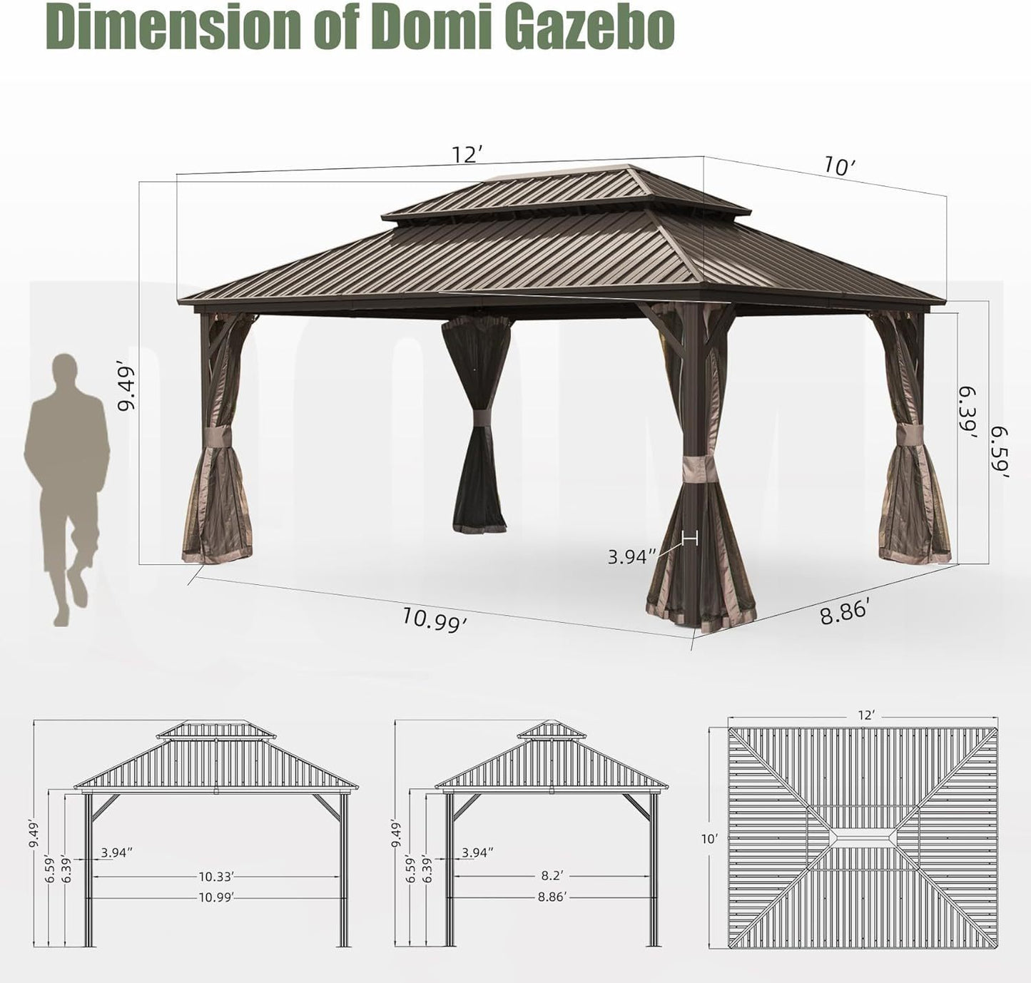 [SantaChoice] 10' X 12' Hardtop Gazebo, Aluminum Metal Gazebo with Galvanized Steel Double Roof Canopy, Curtain and Netting, Permanent Gazebo Pavilion for Party, Wedding, Outdoor Dining, Brown