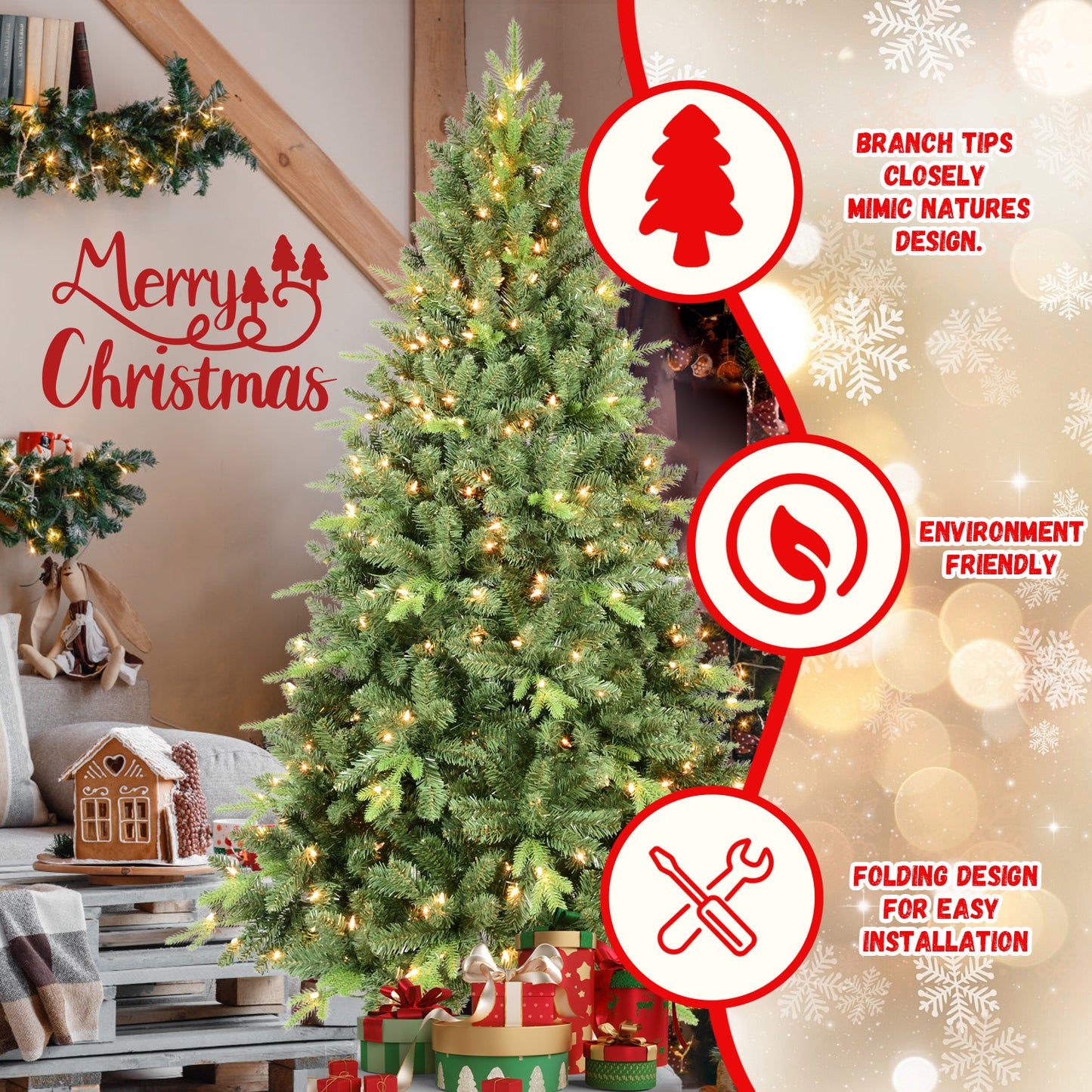 8FT Artificial Christmas Tree with 2535 PE&PVC Mixed Branch Tips, Prelit Hinged Premium Spruce Fake Xmas Trees, Hinged Branch & Foldable Base, Green