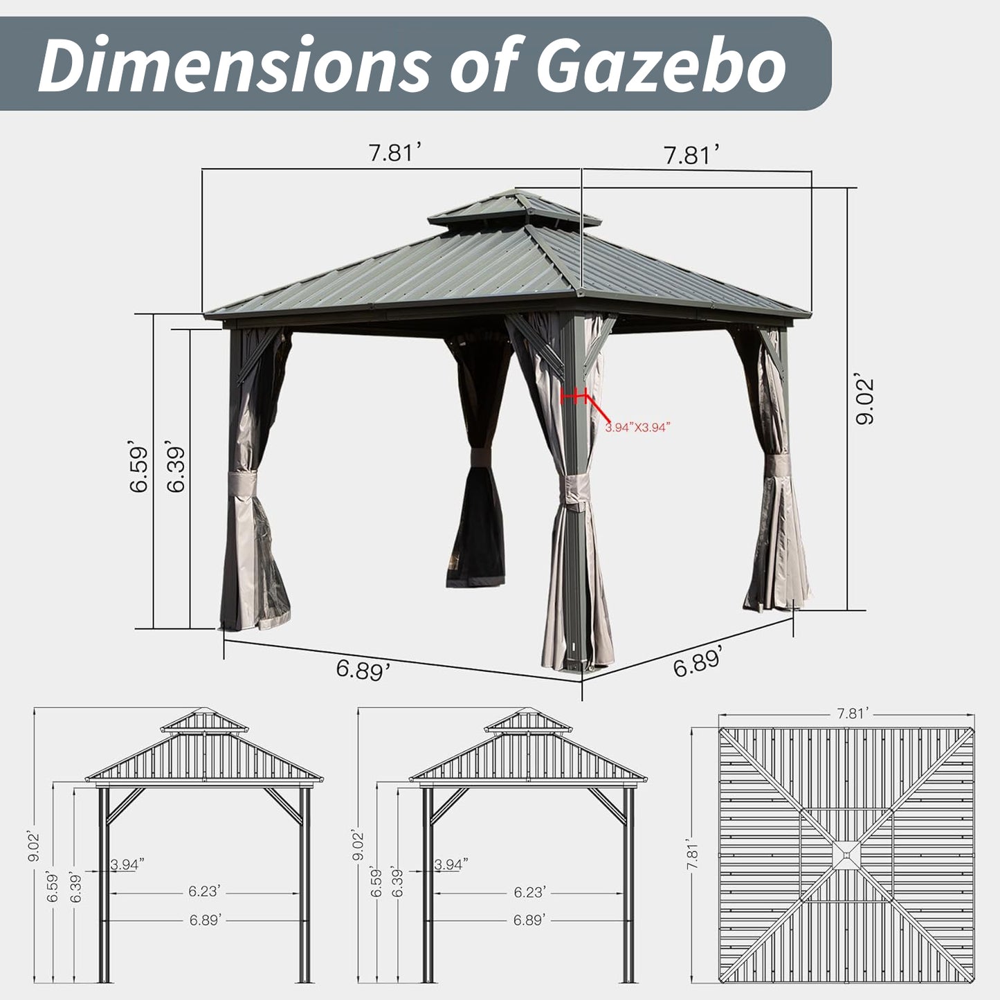 8' X 8' Hardtop Gazebo, Aluminum Metal Gazebo with Galvanized Steel Double Roof Canopy, Curtain and Netting, Permanent Gazebo Pavilion for Patio, Backyard, Deck, Lawn,Grey