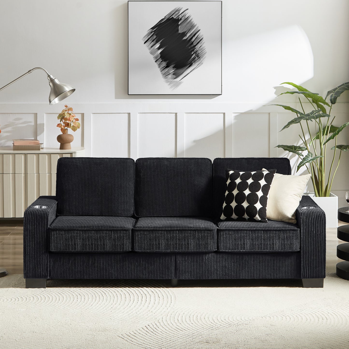 [SantaChoice] 83.86"Corduroy Fabric sofa,Modern Compressed Couch,3-Seater Sofa, Furniture for Living Room,Bedroom,office ,Black