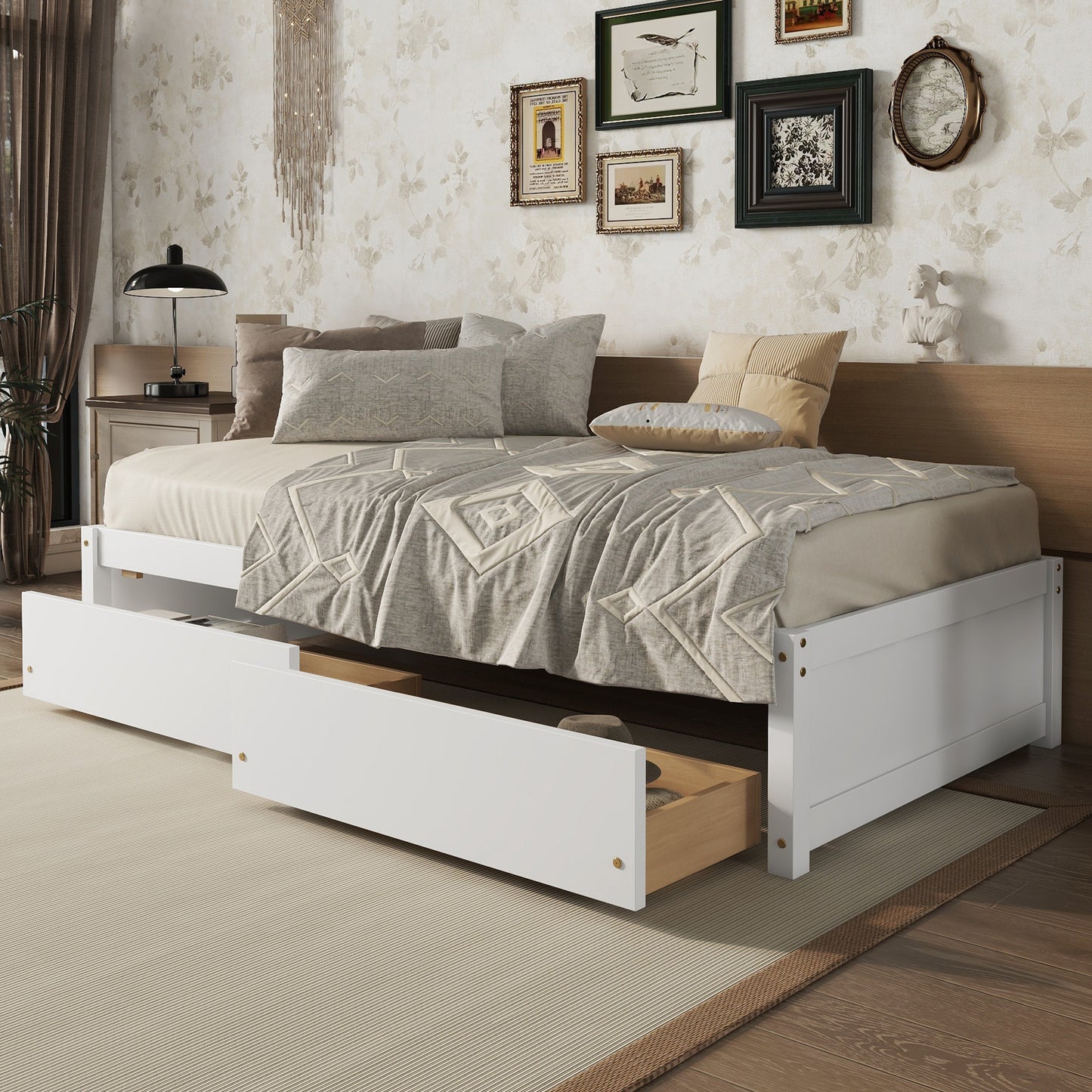 Twin Bed with 2 Drawers, Solid Wood, No Box Spring Needed ,(Old SKU:W50422209)