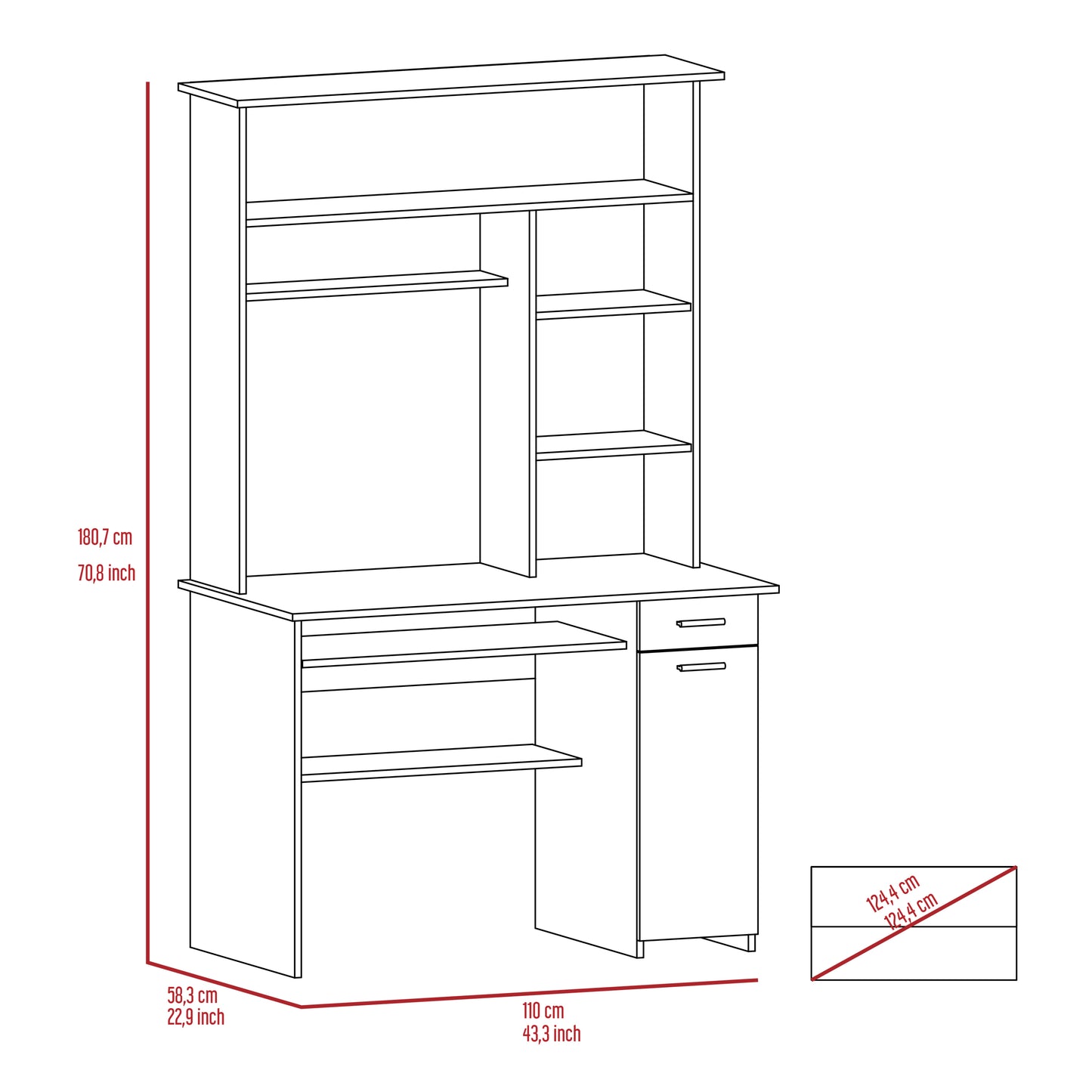 Compu 180 Hutch Desk, Multiple Shelves, Retractable Keyboard Tray, CPU Door Panel, One Drawer, Grey Oak -Smokey Oak