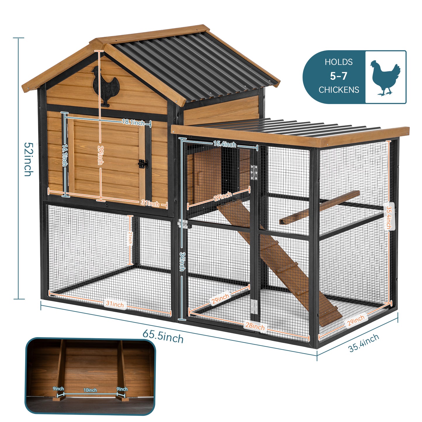 Durable Wood and Iron Chicken Coop with Runway and Waterproof Roof, Suitable for 5-7 Chickens, Built-in Nesting Box