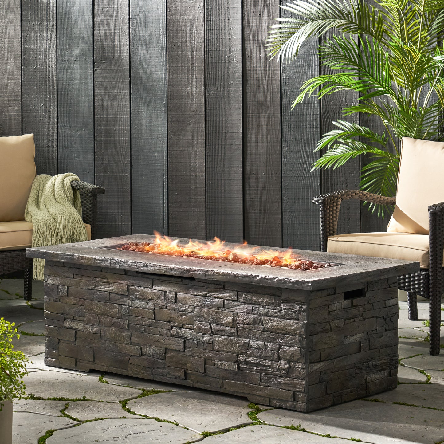 56" Outdoor 40,000 BTU Rectangular MgO Concrete Propane Fire Pit, Stone Pattern (Tank Cover not Included)