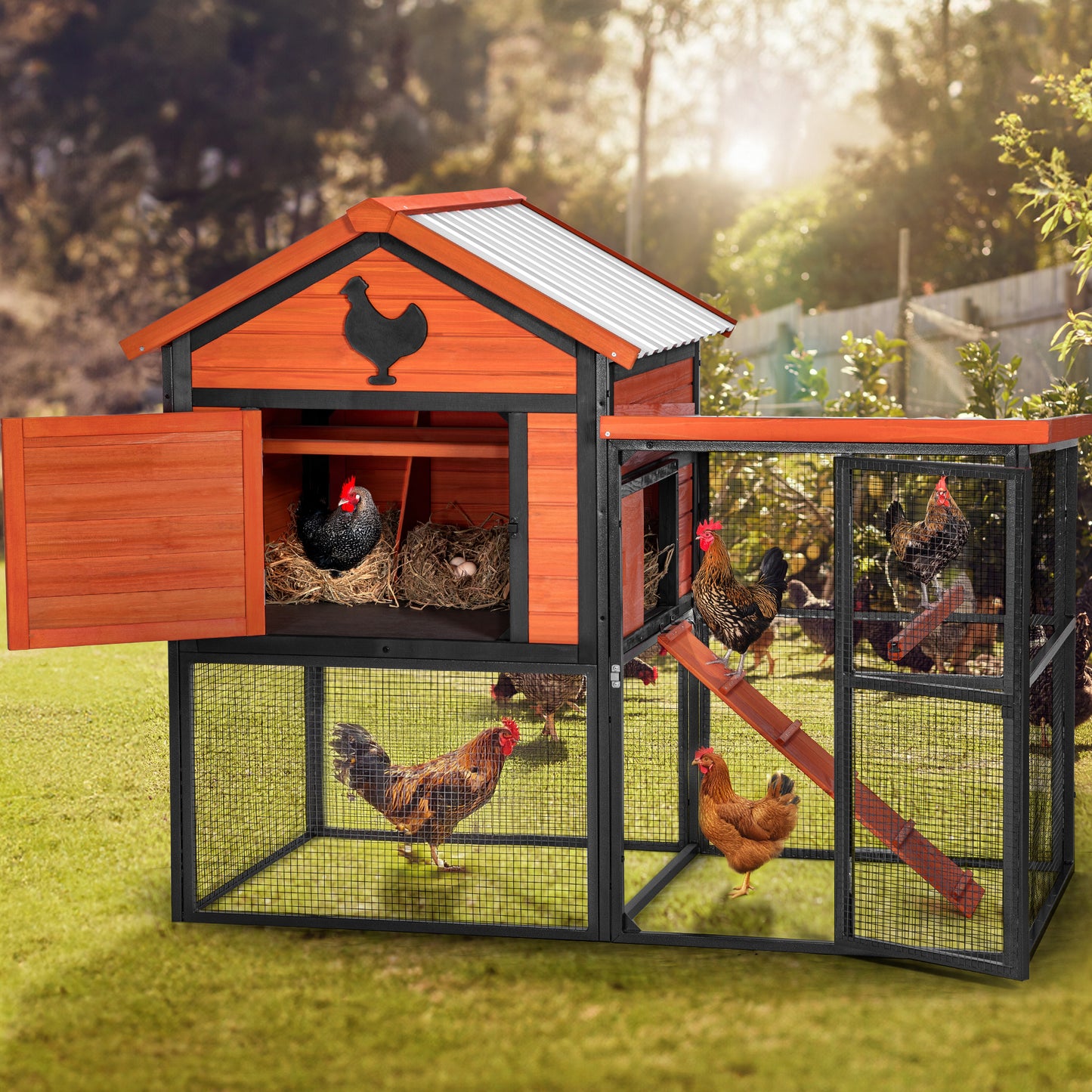 Durable Wood and Iron Chicken Coop with Runway and Waterproof Roof, Suitable for 5-7 Chickens, Built-in Nesting Box