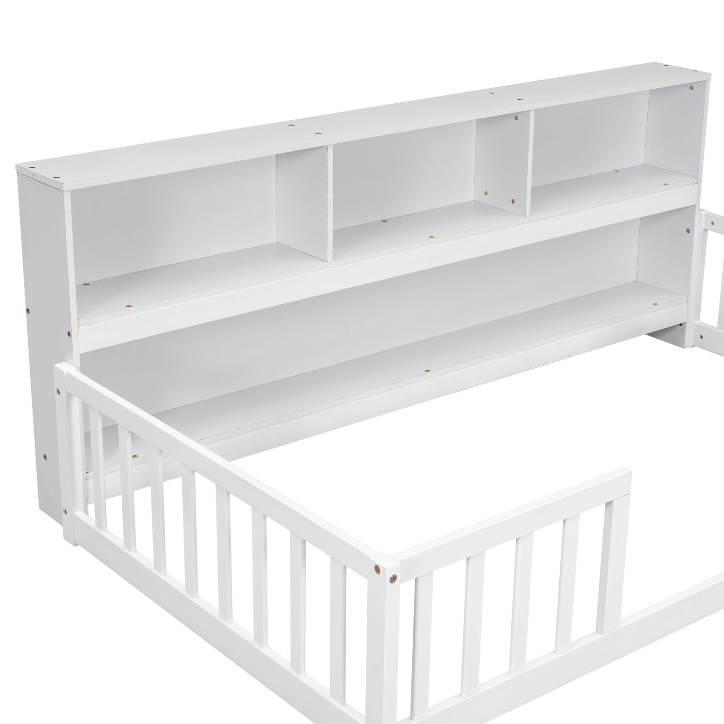 Twin Floor Bed with  Bedside Bookcase,Shelves,Guardrails,White