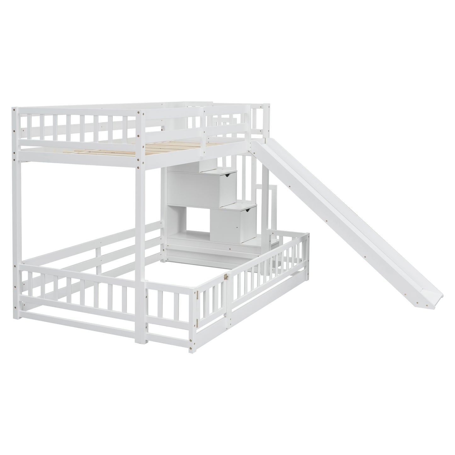 Twin Over Full Bunk Bed with Slide, Storage Staircase, Pine Solid Wooden Bunk Bed with Safety Guardrails,White