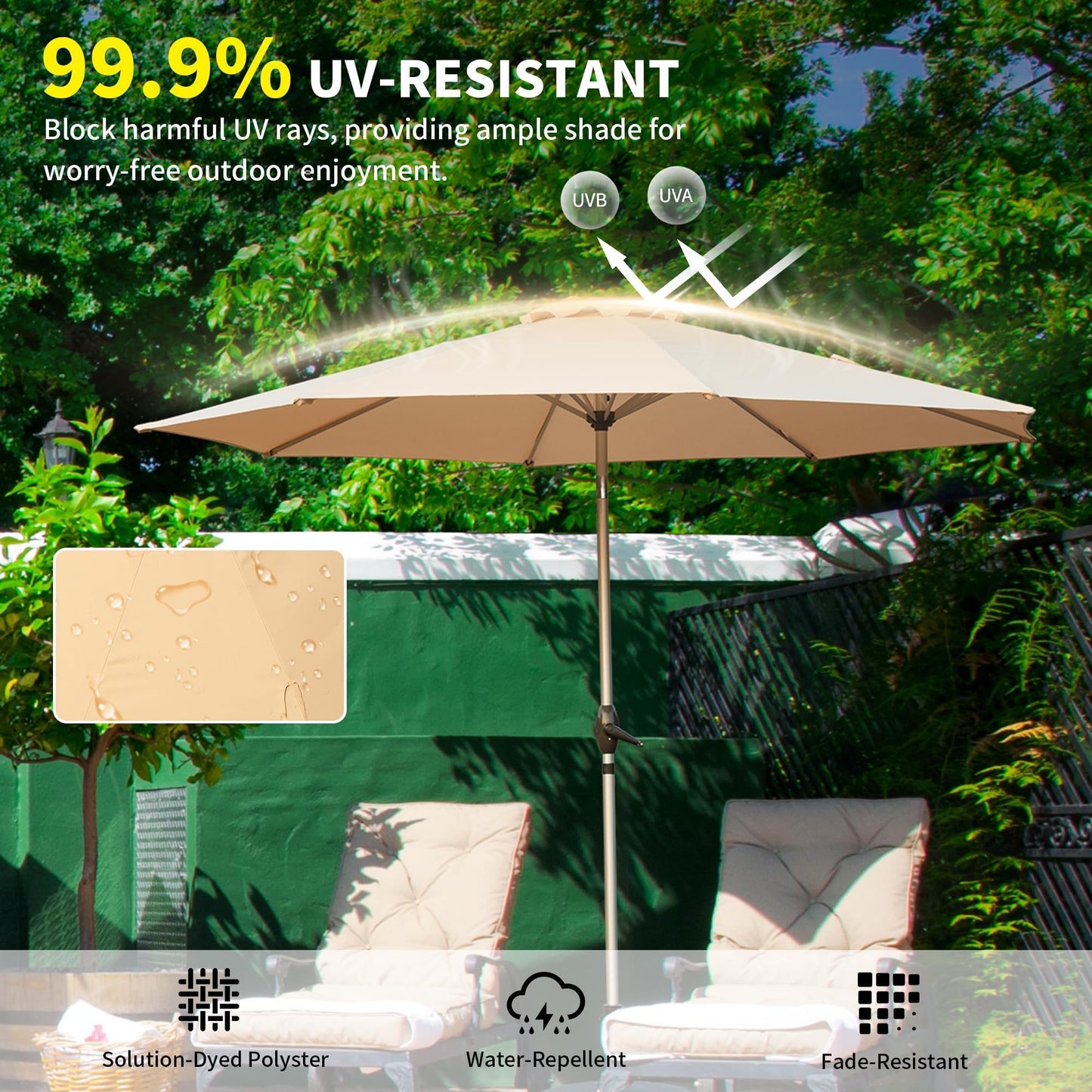 10FT Patio Umbrella, Outdoor Table Umbrella with Push Button Tilt and Crank, UV Protection Waterproof Market Sun Umbrella with 8 Sturdy Ribs for Garden, Deck, Backyard, Pool (Beige)