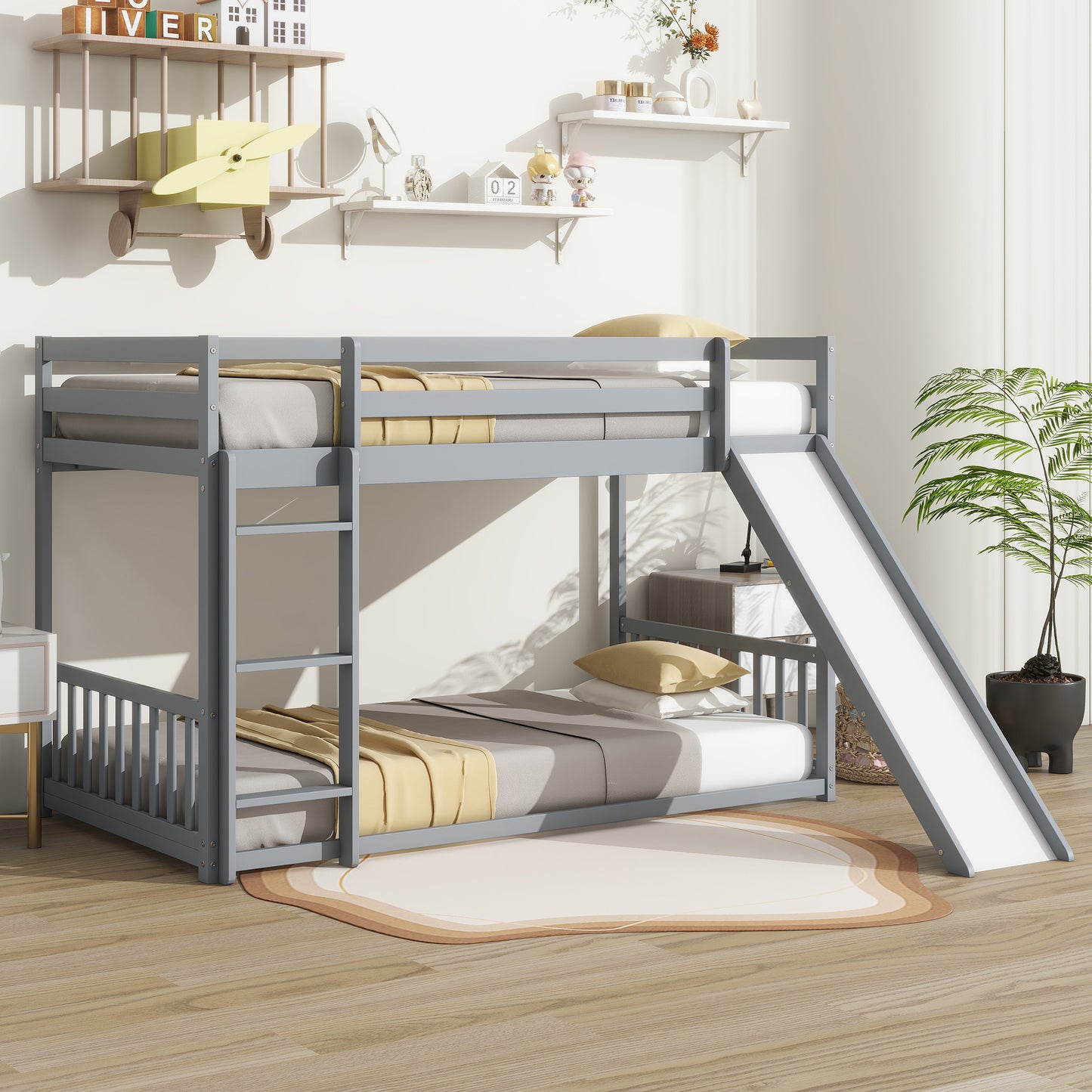 Twin Over Twin Floor Bunk Bed with Slide, Ladder, Door, Safety Guardrails, Solid Pine Wood Bunk Bed ,Grey