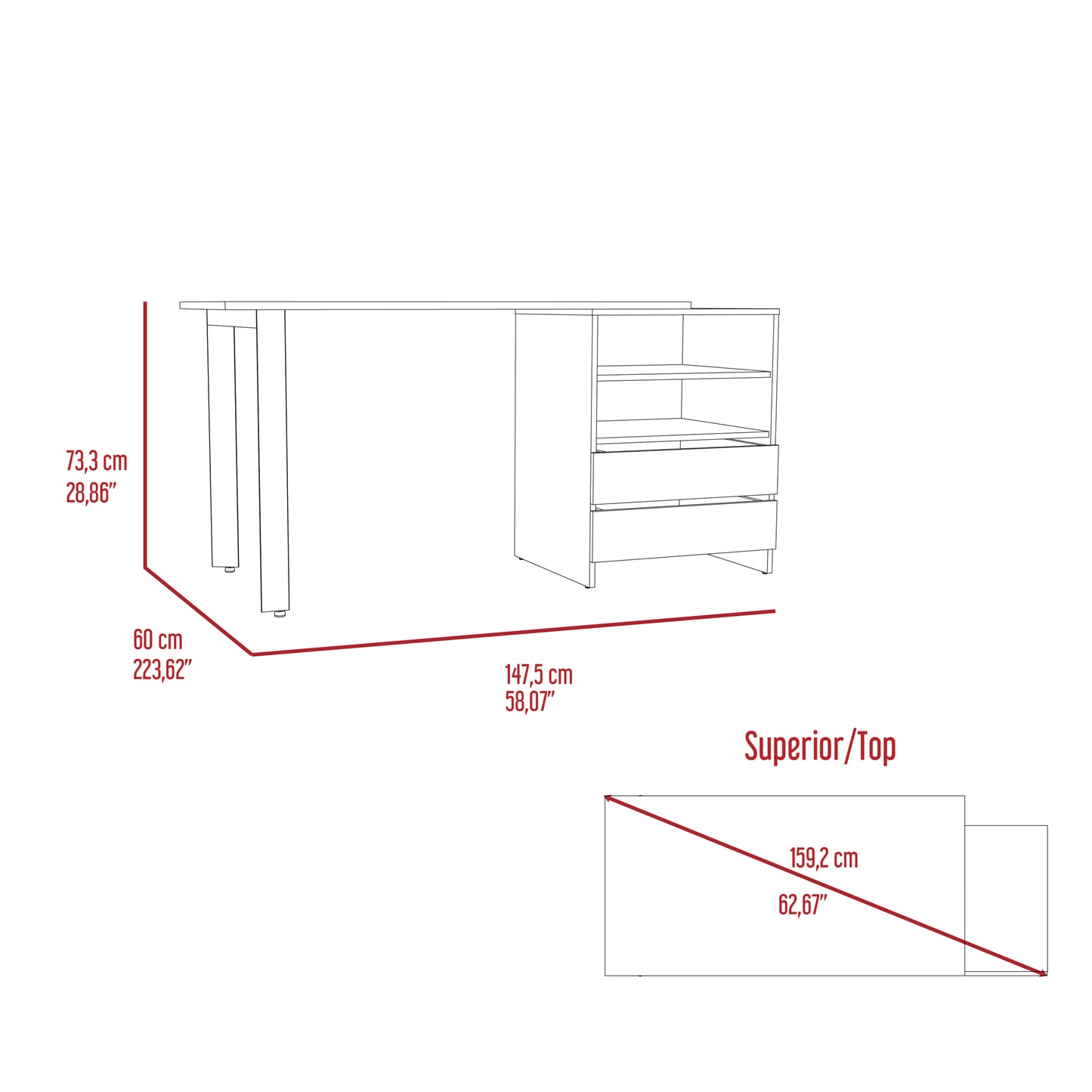 Malaui 120 Desk, Two Legs, Two Drawers, Two Shelves -Light Gray