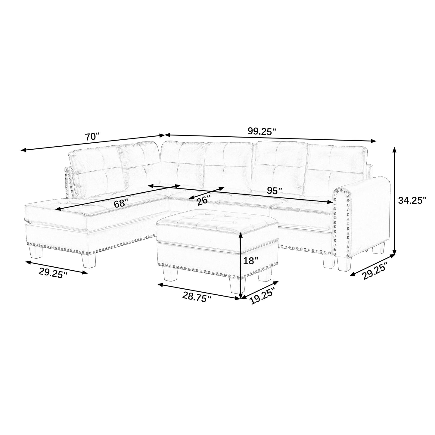 [SantaChoice] Sectional 3-Seaters Sofa , reversible recliner, Storage pad and wood grain cup holder, Non-slip leg, pu, grey