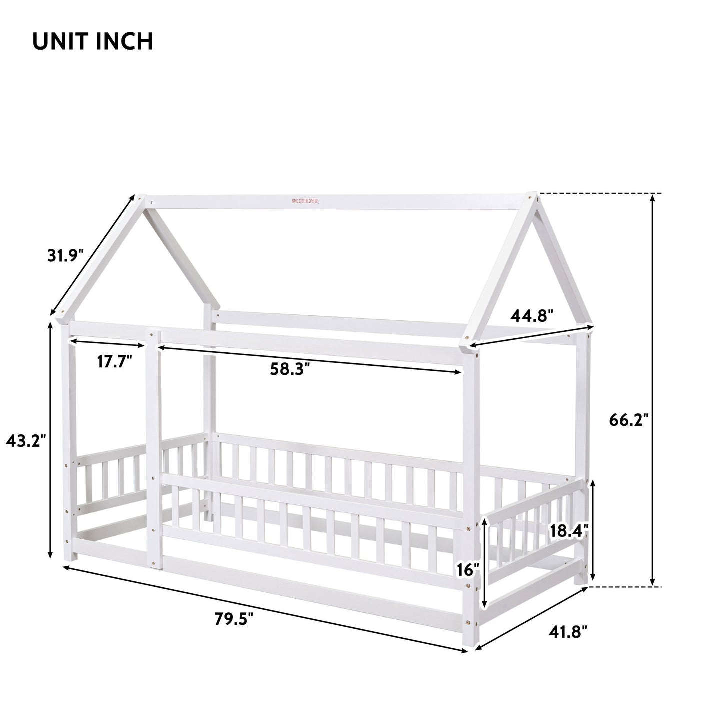 Twin Size Floor Wooden Bed with House Roof Frame, Fence Guardrails,White(Old SKU:W50471472)