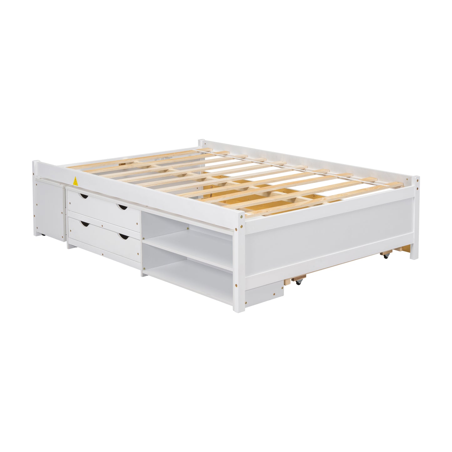 Full Size Storage Bed , Solid Wood Bed with Trundle, Under bed Storage Box of 2 Drawers, Shelves, and Nightstand ,White