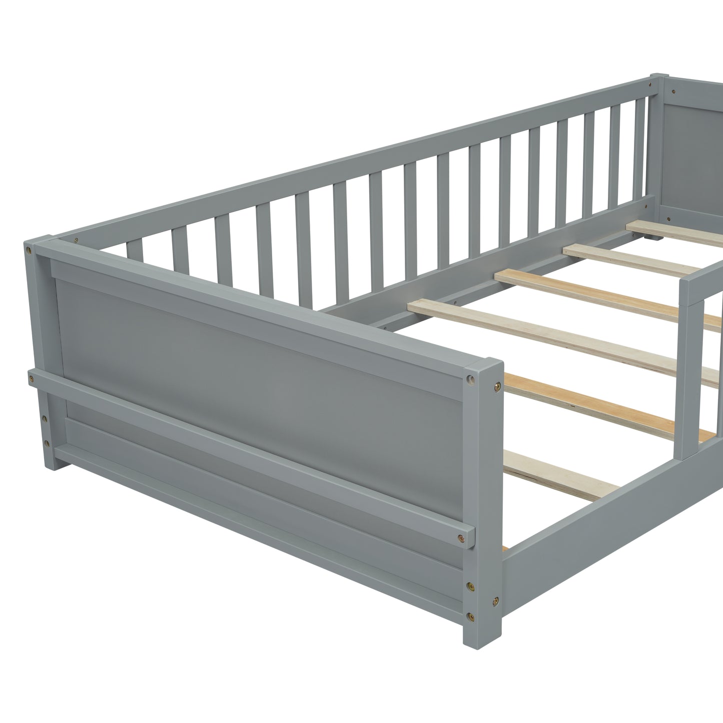 Twin size Floor Platform Bed with Built-in Book Storage Rack,Grey