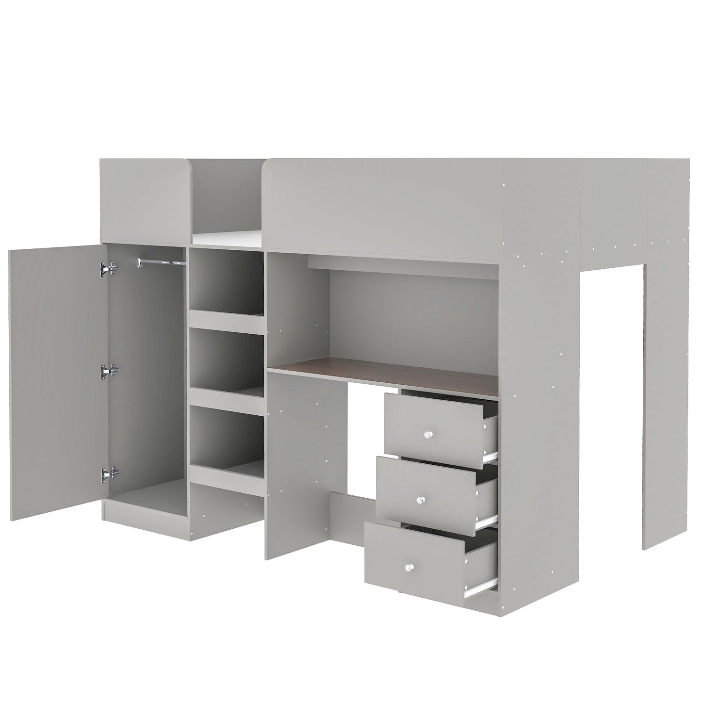 Wood Full Size Loft Bed with Built-in Wardrobe, Desk, Storage Shelves and Drawers, Grey