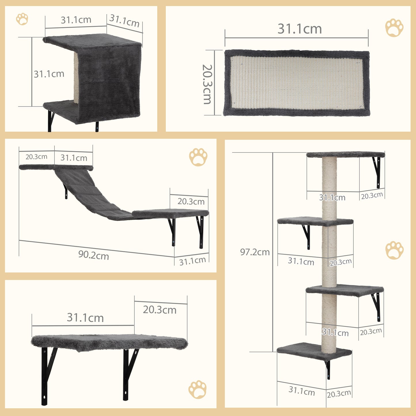 5 Pcs Multi-Level Wall-Mounted Indoor Cat Tree Furniture with Scratching Board, Condo, Perches, Bridge for Indoor Cats, Gray