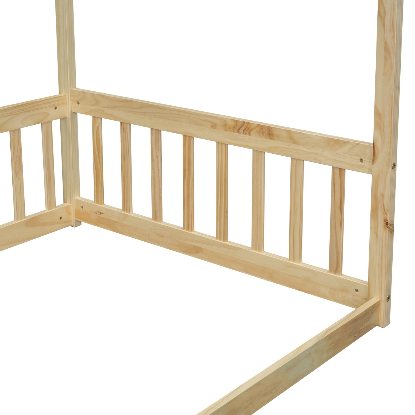 Twin Size Canopy Frame Floor Bed with Fence, Guardrails,Natural