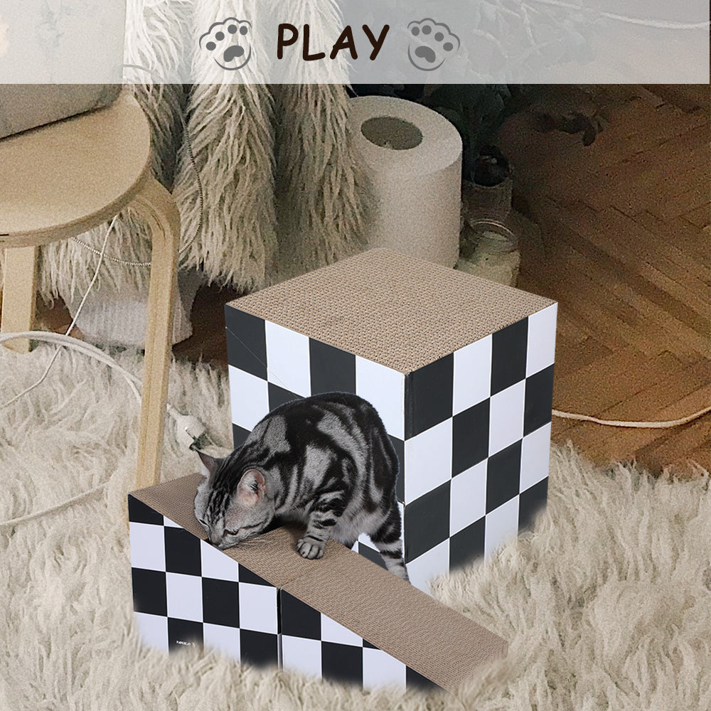 Cat Scratching Board with Ball, Triangle Cat Scratching Cardboard, Multiple Scratching Angles, 2-in-1 Scratching Lounge Bed, Recyclable and Durable, Furniture Protector, Black and White