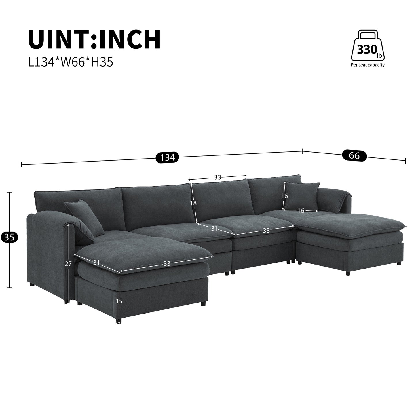 [SantaChoice] 134*66" Chenille Modular Sectional Sofa,U Shaped Cloud Couch Set with Double Cushions ,6 Seat Sleeper Sofa Bed with Ottomans,Oversized Indoor Furniture for Living Room, 3 Colors