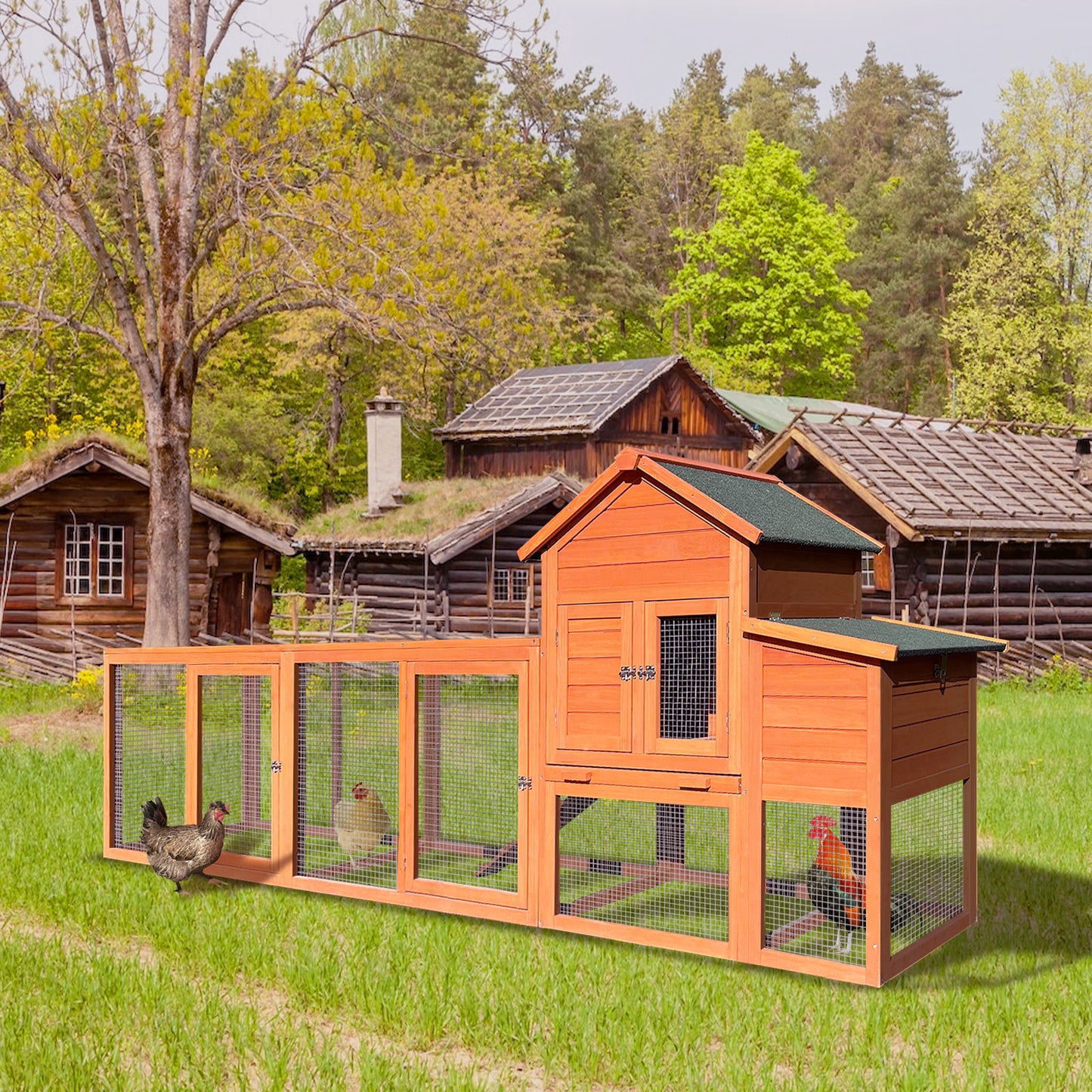 122＂Large Wooden Chicken Coop,Outdoor  Hen House with Nest Box ,Wire Fence Poultry Cage